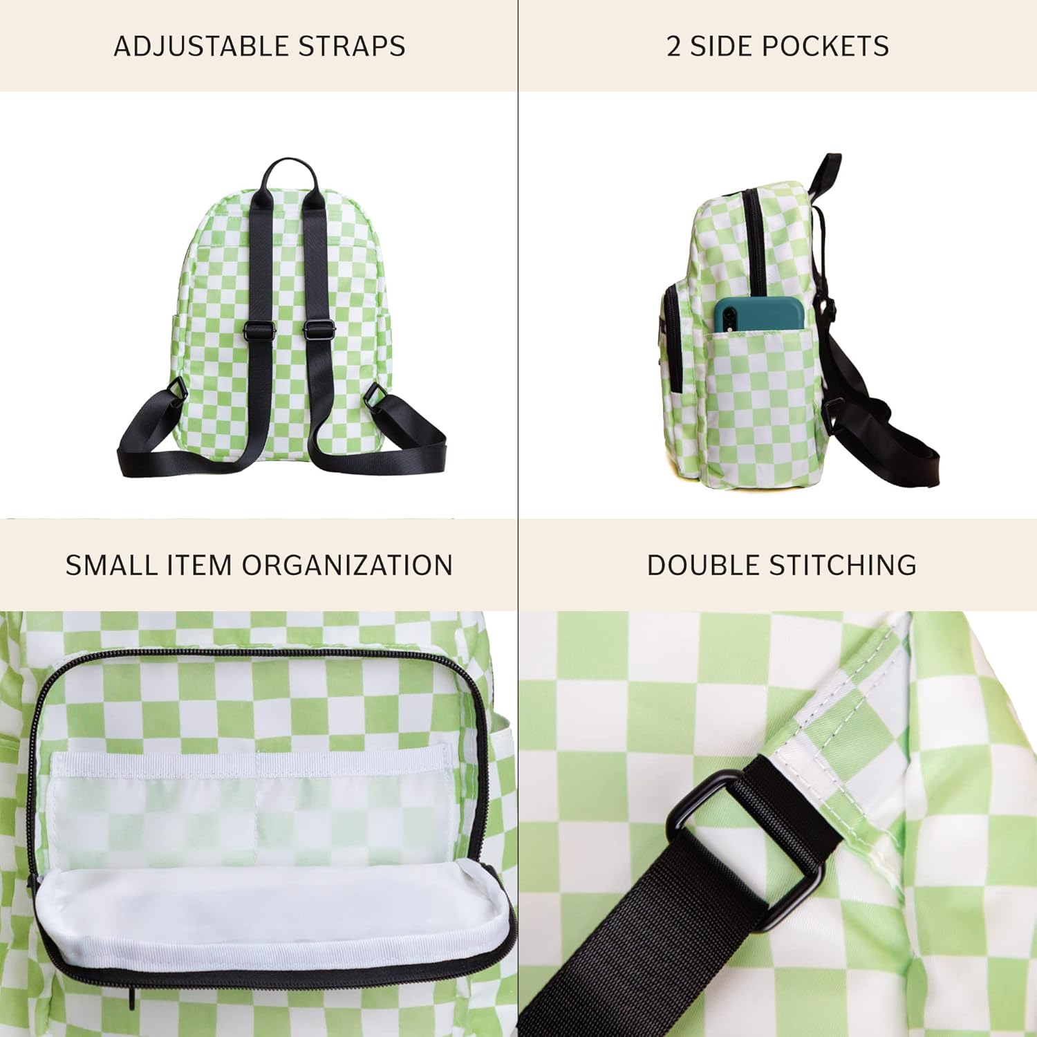 Jadyn Mini Backpack for Women, Small Backpack Purse for Women, Mini Travel Bag, 8.5 Liter Daypack, Millie Backpack with Cute Designs (Checkered Green)