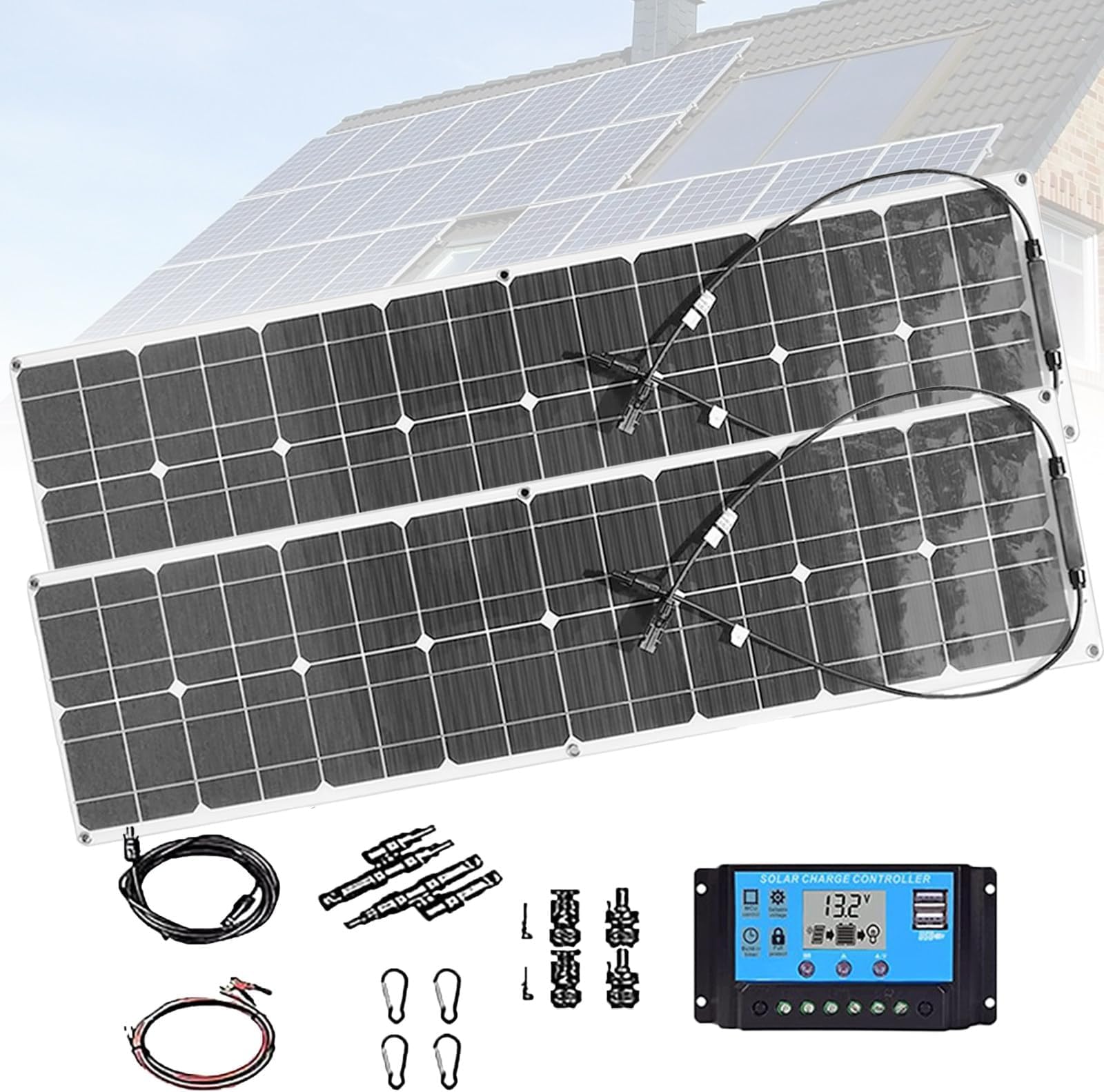 Zestaw paneli fotowoltaicznych 400 W, 2 sztuki monokrystalicznych modułów solarnych 200 W, z regulatorem ładowania 40 A, na łódź, kemping, do domu, biały