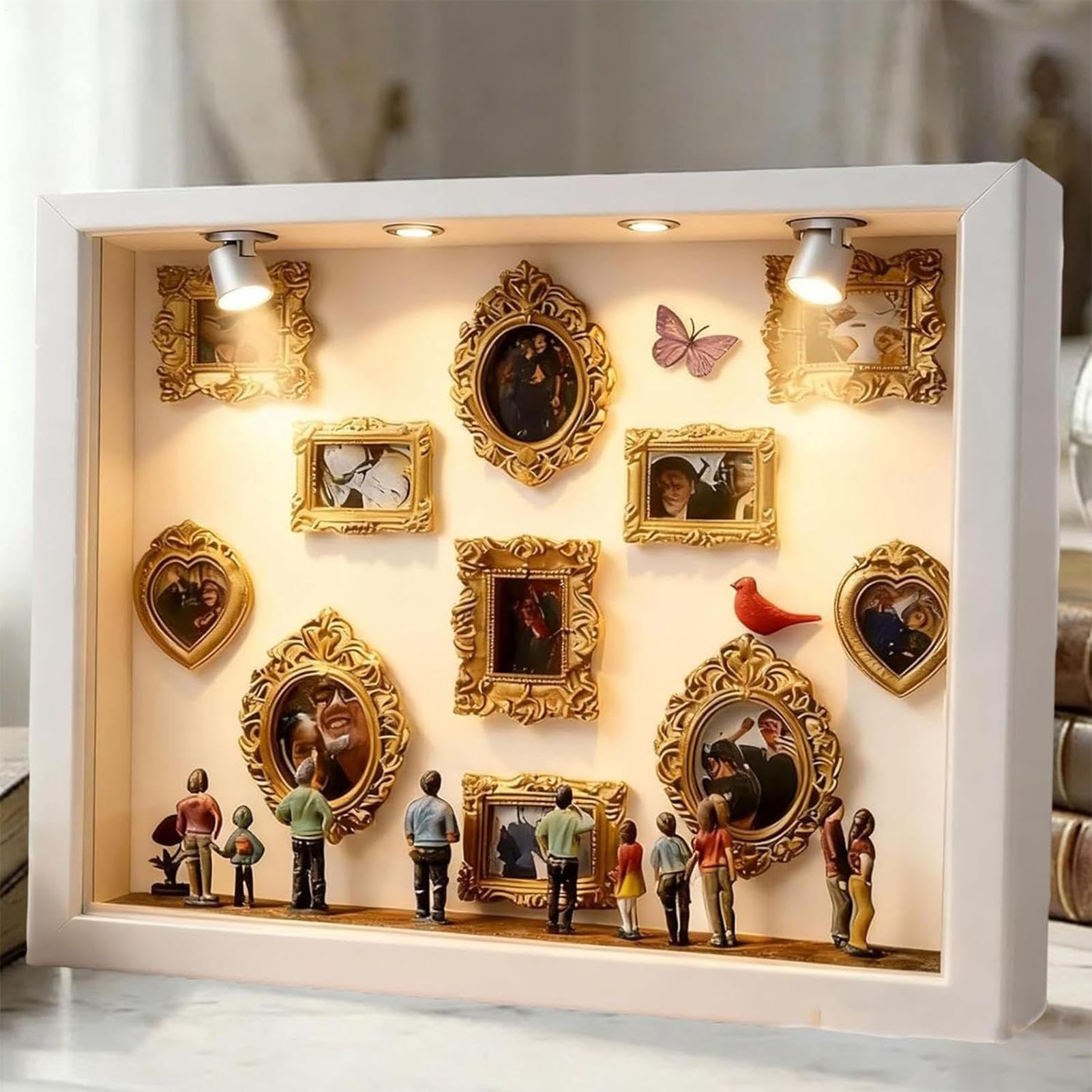 Ramka na Zdjęcia Pamiątkowa Pudełko z Sylwetką i Oświetleniem do | Miniaturowa Ramka na Zdjęcia z 11 Elementami i 8 Figurkami Idealne Na Walentynki, Ślub I Urodziny Jako D
