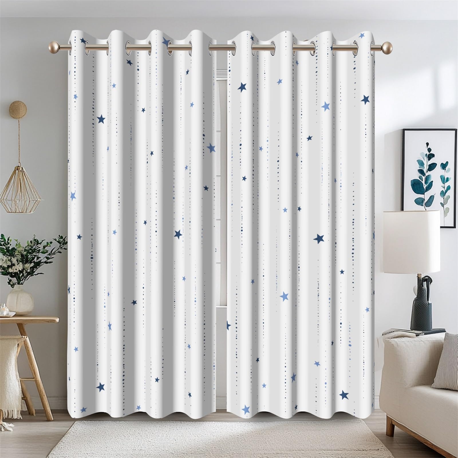 Ttincceer 135x215cm Star Blackout Curtain for Bedroom Blue Stars Tassels Room Darkening Window Drapes Elegent Minimalist Eyelet Grommets Light Blocking Home Decor 2 Panels