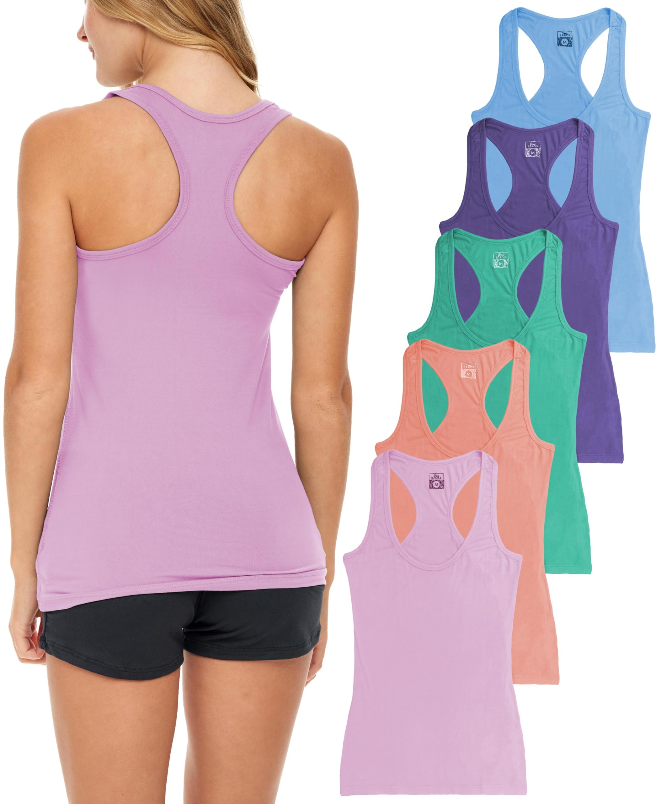 Sexy Basics Womens 5 Pack Racerback PowerFlex Tank Tops Cotton -Spandex Stretch Color Tank Tops