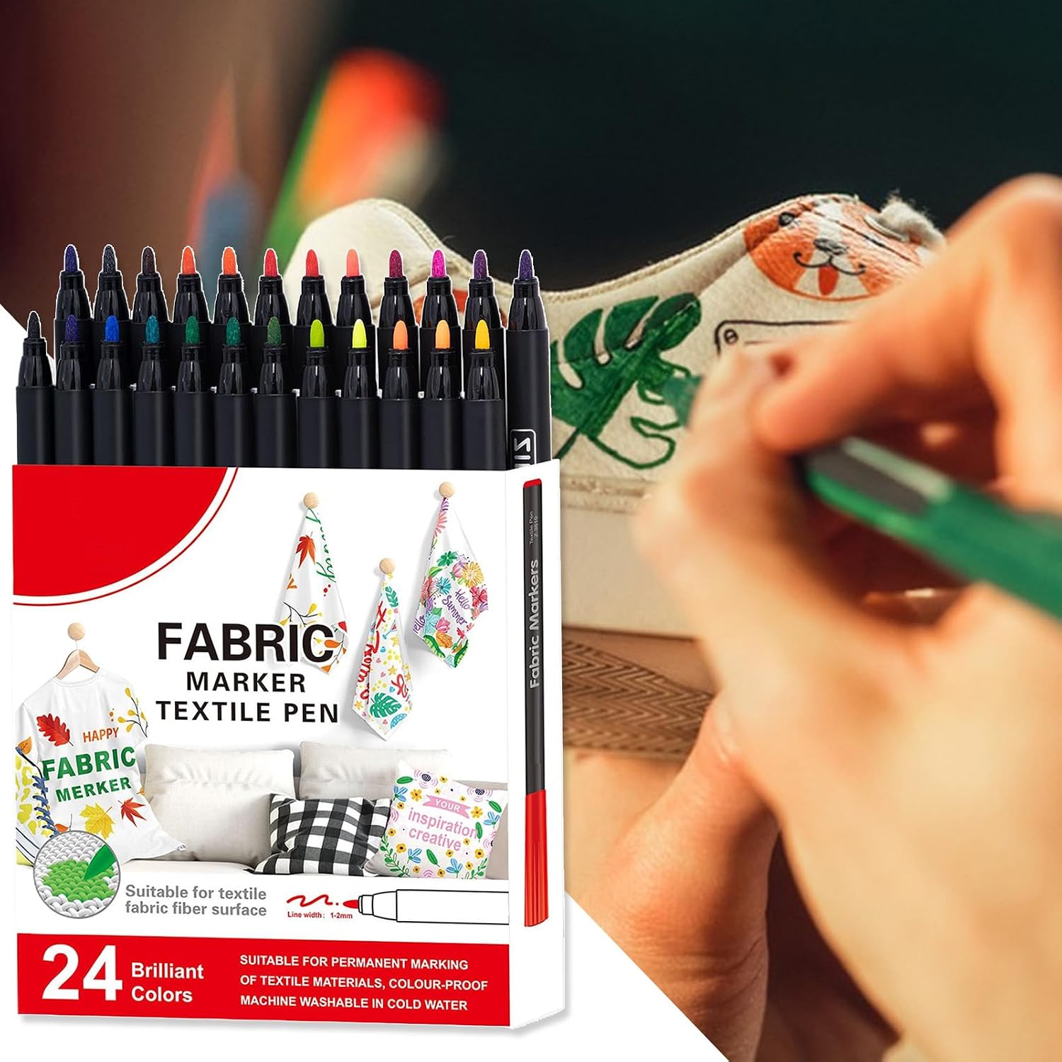 Fabric Marker Set, 12/24 Color Cloth Paint Pens, Washable Textile Markers for Fabric, Home, Outdoor, Laundry, Shoes, Ceramic, Tote Bag, Tablecloth