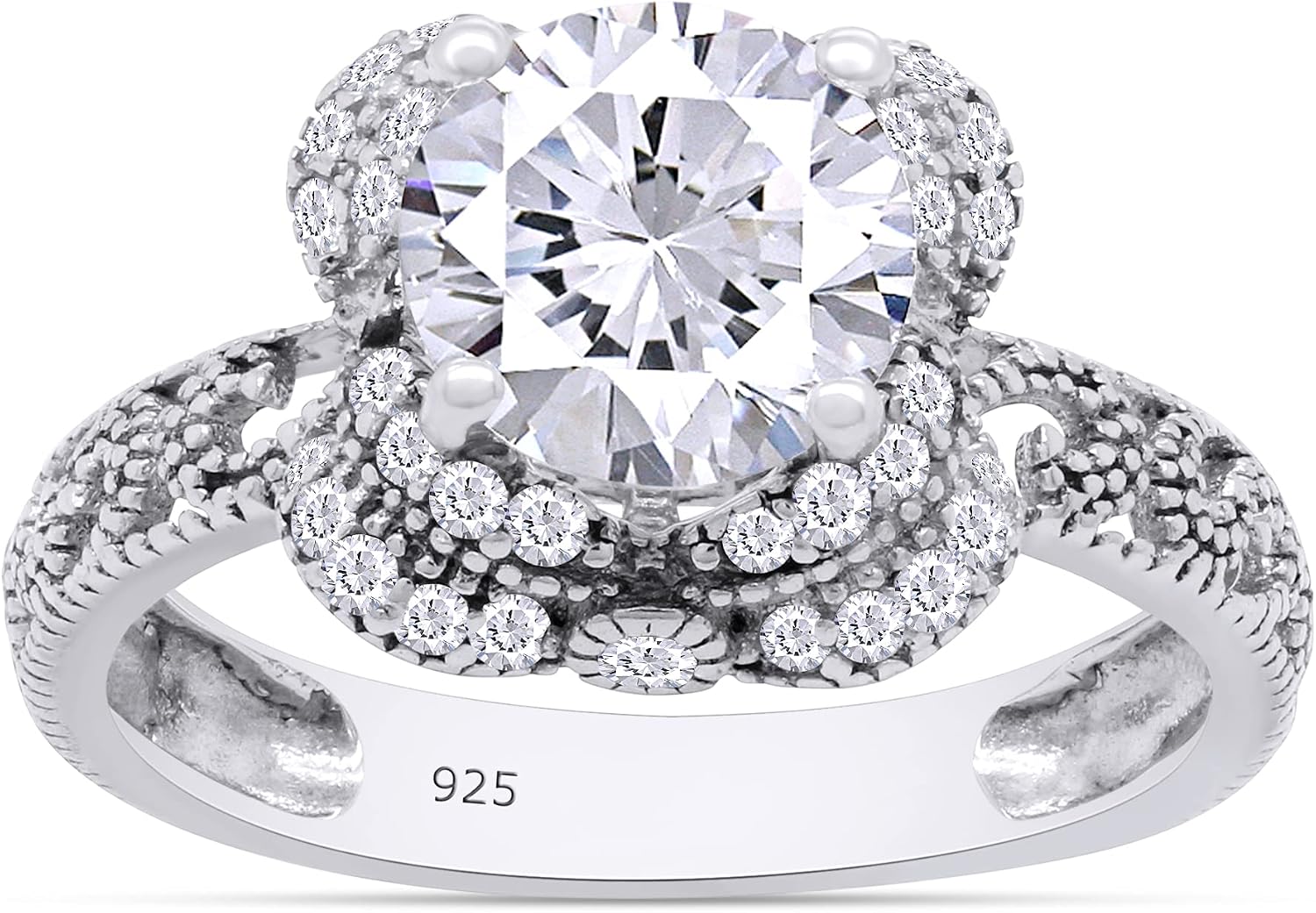Filigree Vintage Style, Center 7MM Round Cut Cubic Zirconia Cluster Engagement Promise Ring In 14k Gold Over Sterling Silver Jewelry For Women