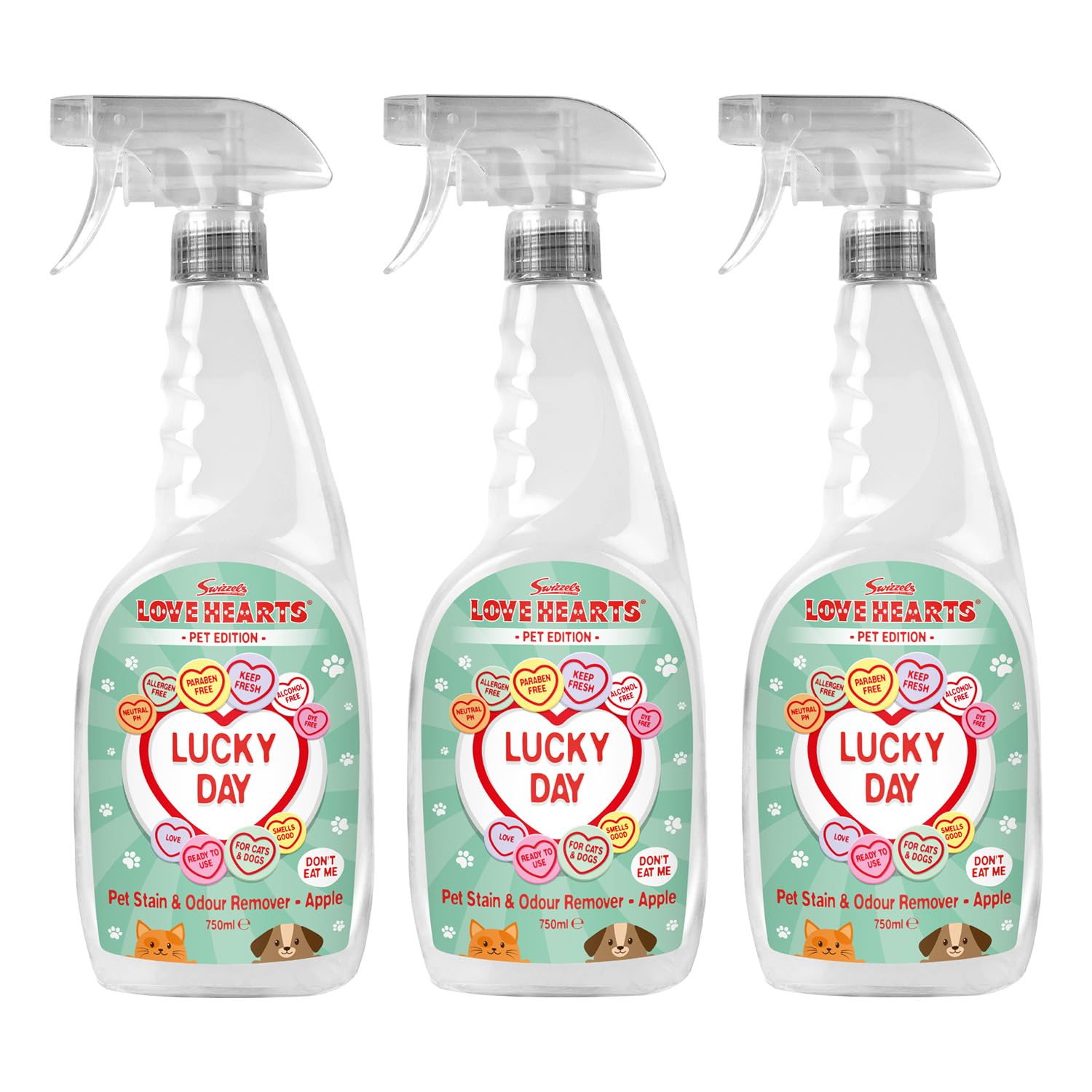 Swizzels Love Hearts Pet Stain & Odour Remover, 3 x 750 ml, Apple Scent, Neutralises Odours, For Hard & Soft Surfaces, Spray