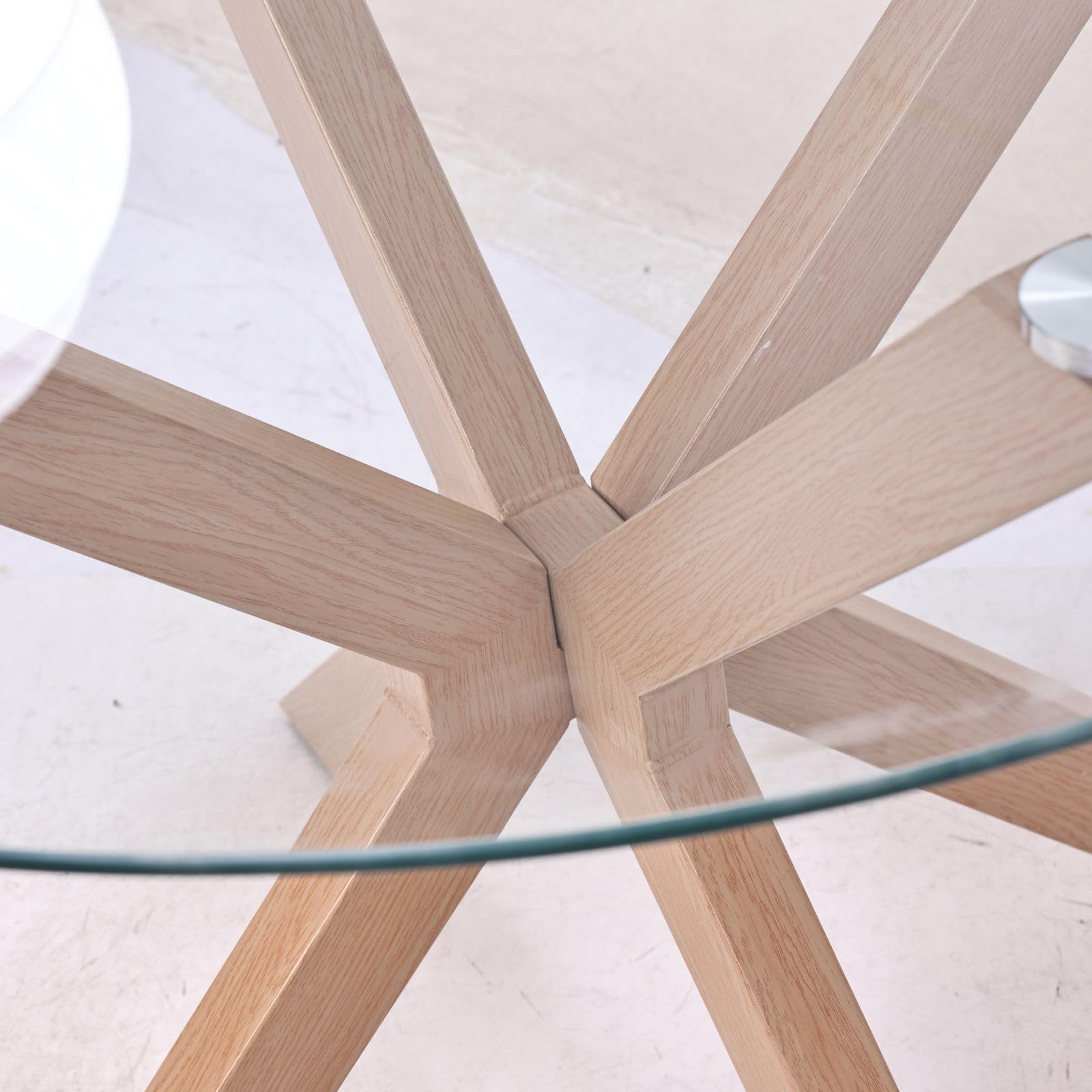 Mesa Redonda Comedor - Patas Metálicas Acabado Efecto Madera - Mesa Comedor Redonda de 100 cm. Diámetro - Mesa Comedor Cristal Templado 8 mm. de Grosor
