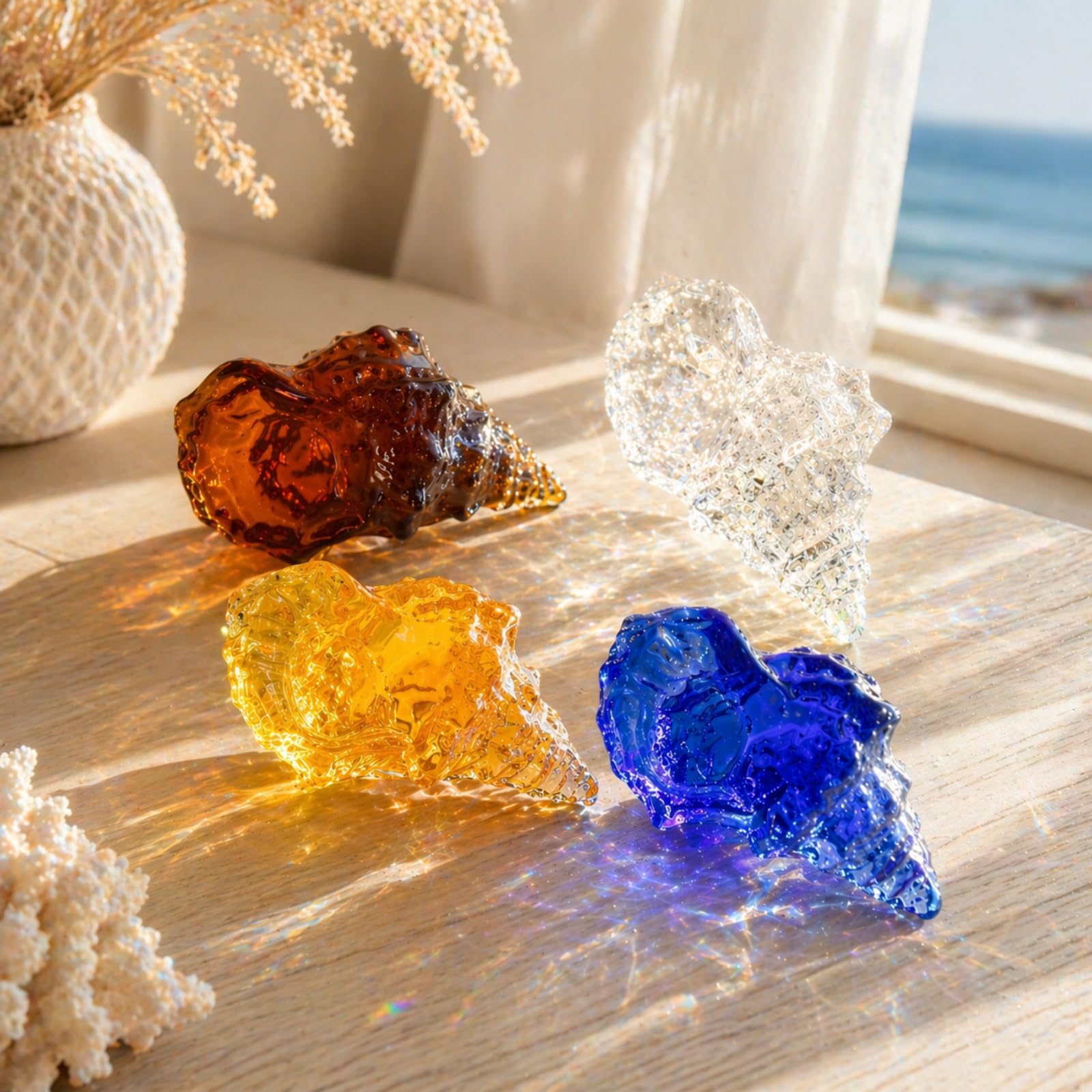 Figurines de conque en cristal coloré : décoration coquillages en verre maison