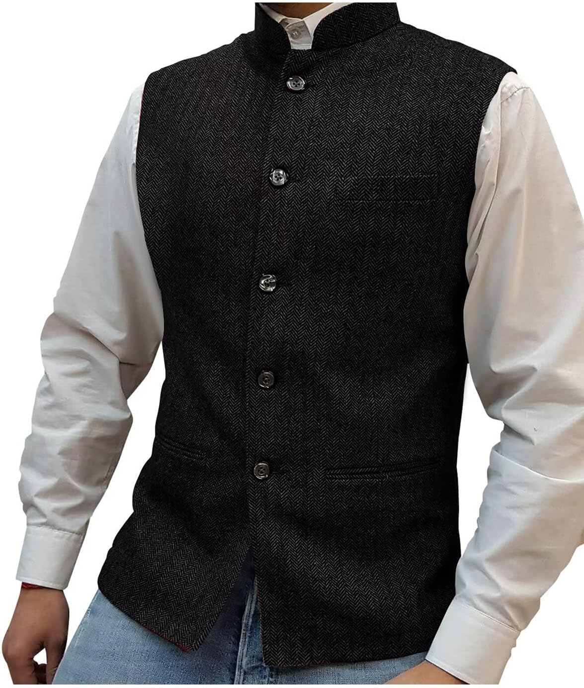 Mens Retro Herringbone Tweed Vest Business Tweed Wool Vests High Collar Casual Waistcoats Slim Fit Wedding Groomsmen