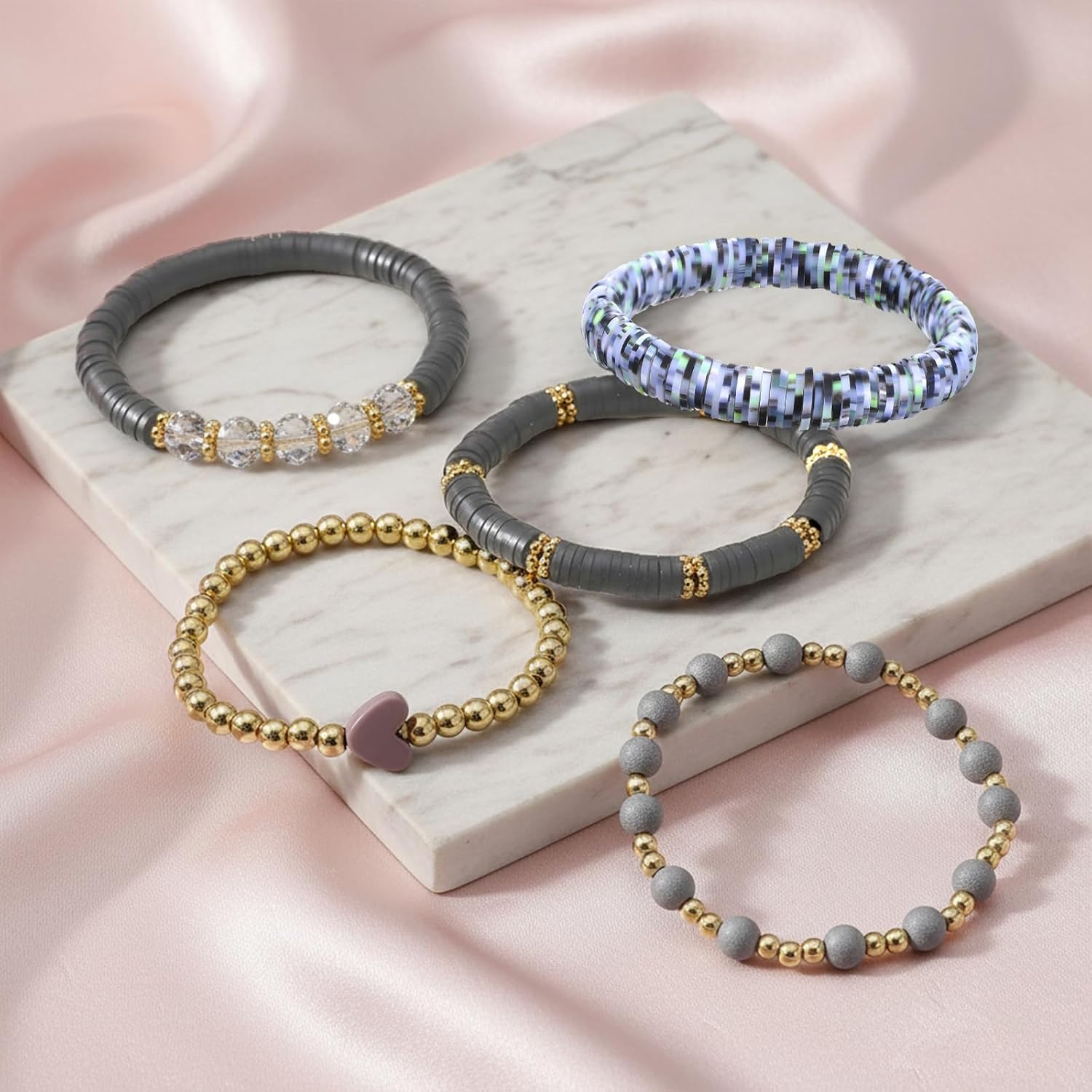 Sibba Beaded Stretch Bracelets for Women Stackable Polymer Clay Beads Bracelet Set Elastic Bohemian Friendship Bracelets with Gray Beads for Layered Stacking Christmas Jewelry Gifts (5-Piece Set) - Image 7