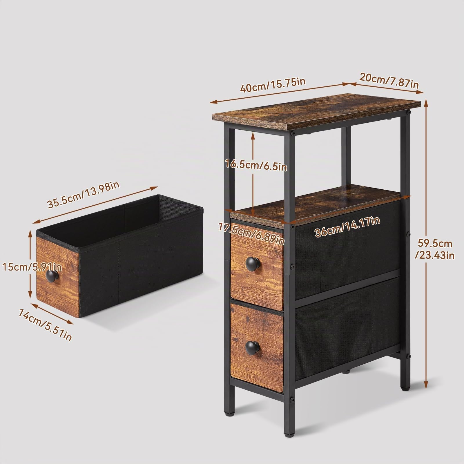 YMYNY Tables d'appoint Minces 2 pièces, Table de Chevet Ultra-Fine avec 2 tiroirs en Tissu, Table de Nuit pour Petits espaces,Bout de canapé pour Chambre à Coucher ou Salon, Brun Vintage HST019H-2