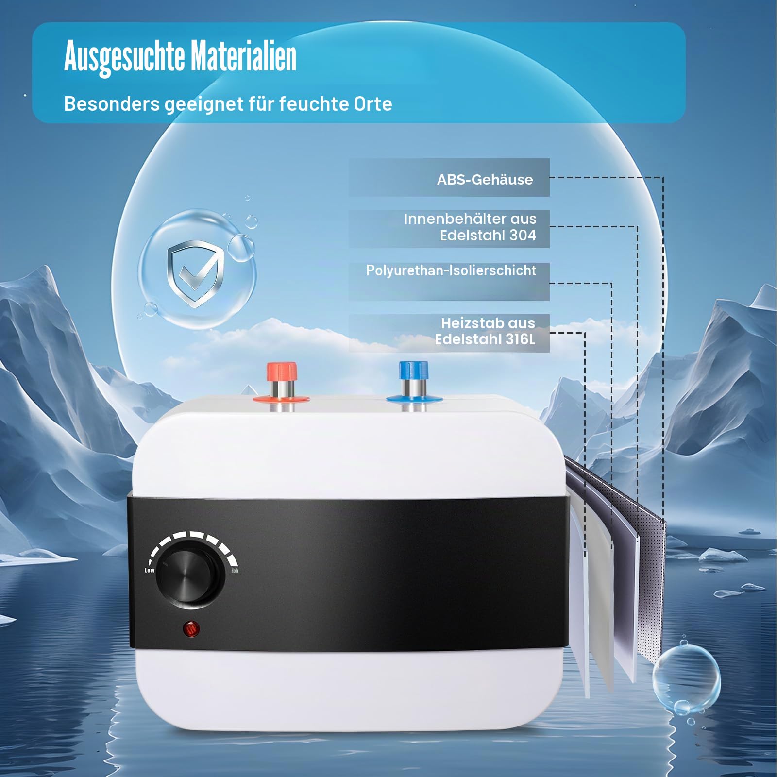 6L Untertischboiler Druckfester Warmwasserspeicher, 1500w Boiler Untertisch 30-65°C Einstellbare Temperatur Boiler, Untertischboiler mit Wärmeschutzzustand für Küchen, Badezimmer
