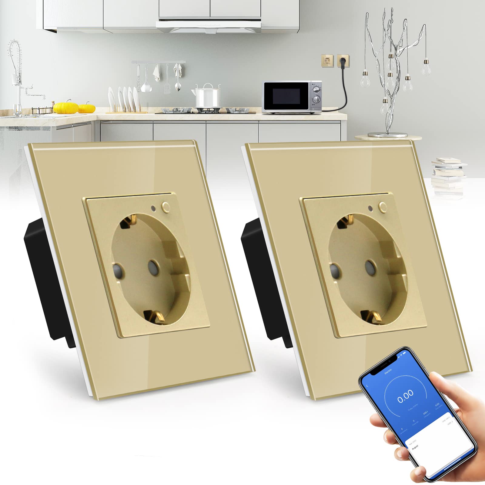 BSEED BSEED Enchufe Pared WiFi con monitor de consumo de energía,Schuko Enchufe inteligente Compatible con Alexa y Google Home,Control de APP y Función de Temporizador,E Oro-2 Paquete