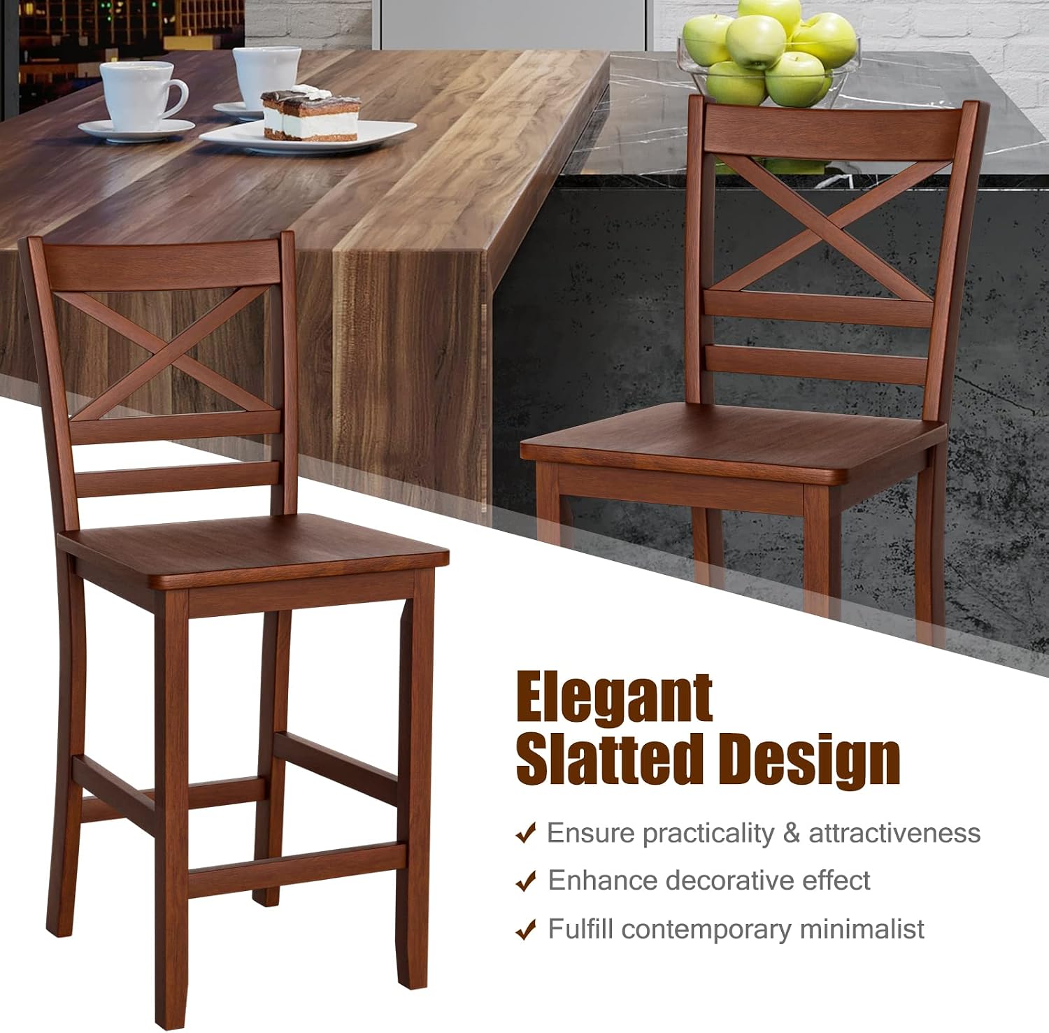 COSTWAY Bar Stools Set of 2, 25'' Antique Kitchen Counter Height Chairs with Wooden X-Shaped Backrest & Rubber Wood Legs, Suitable for Home, Cafe Store, Restaurant (2)