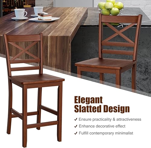 Miniatura 6 de COSTWAY Juego de 4 taburetes de bar, sillas antiguas de altura de encimera de cocina de 25 pulgadas con respaldo de madera en forma de X y patas de