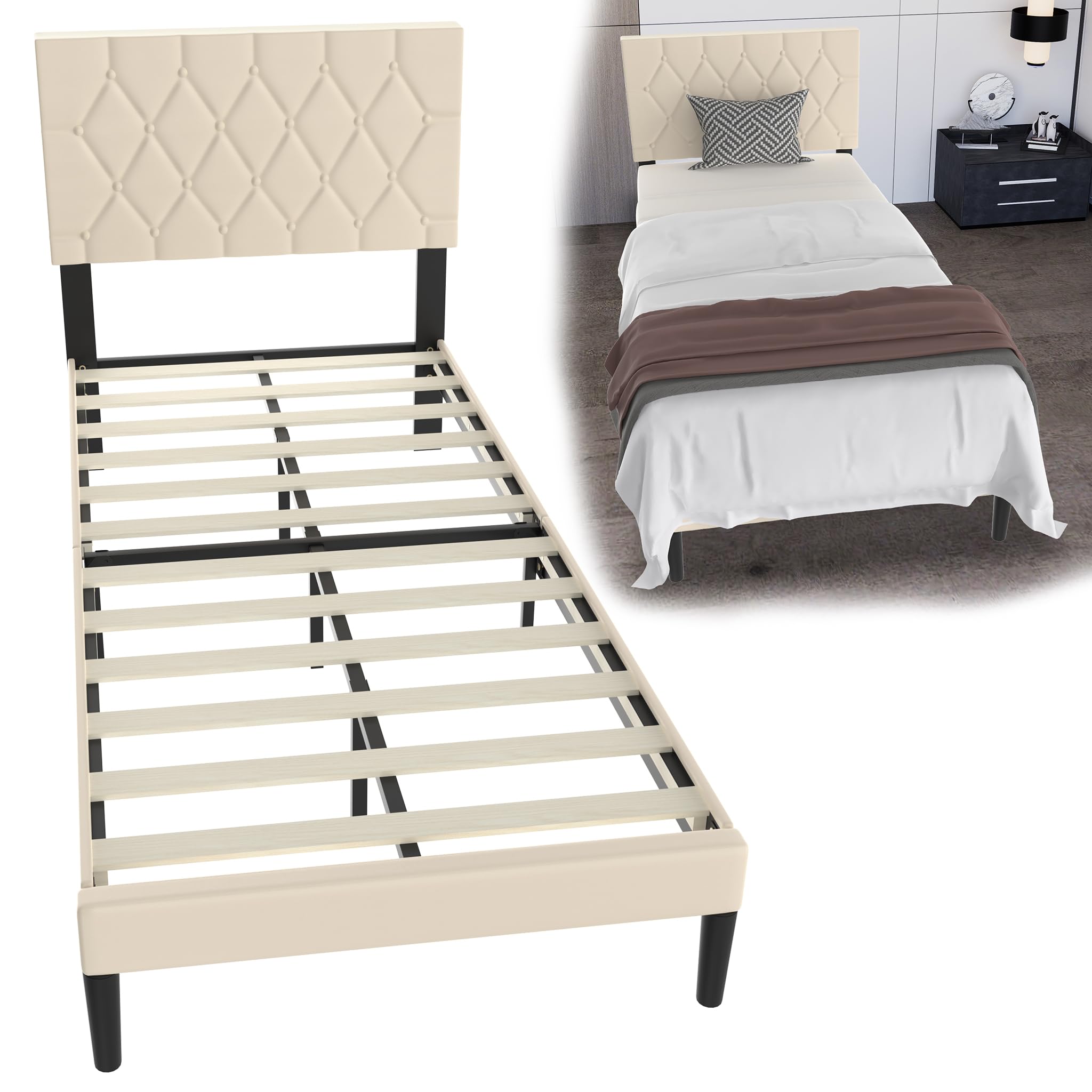 Suusolny Letto imbottito con testiera in pelle e rete a doghe, letto singolo, montaggio semplice, con strumenti di installazione, telaio fino a 300 kg, colore beige, 90 x 200 cm