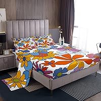 Vista 29 de Feelyou Juego de Sábanas Vintage con Flores Groovy Estilo Retro Sábanas Florales Boho con Sábana Bajera de Bolsillo Profundo para Niños Años 60 70
