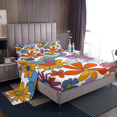 Miniatura 29 de Feelyou Sábanas de Flores Groovy con Bolsillo Profundo Sábana Bajera Ajustable 60S 70S 80S Flores Hippie Bohemias Juego de Sábanas Retro Floral Boho
