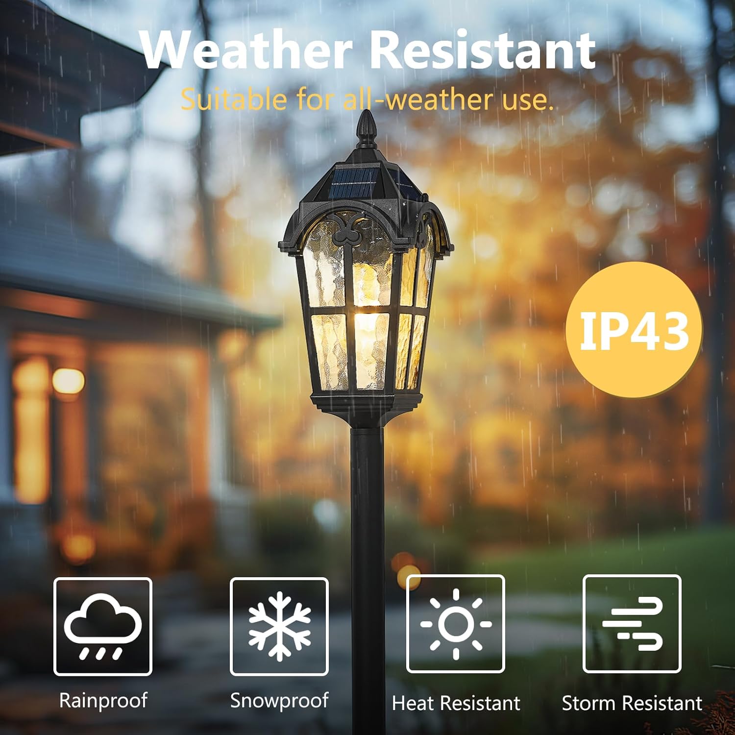 Emliviar Solar Pole Light with Pier Mount Base, Auto On/Off Walkway Lamp in Black Finish, Solar Pathway Light with Water Grain Glass Shade, LED Bulb Included, YXE302PL-SL BK