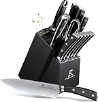 Knife Set with Block, Kitchen Chef Knives Set with Sharpener, Stainless Steel Knife Block Set, 6 Pcs Steak Knife Set Serrated, German Dishwasher Safe, Beveled Design Brown 15 Pieces