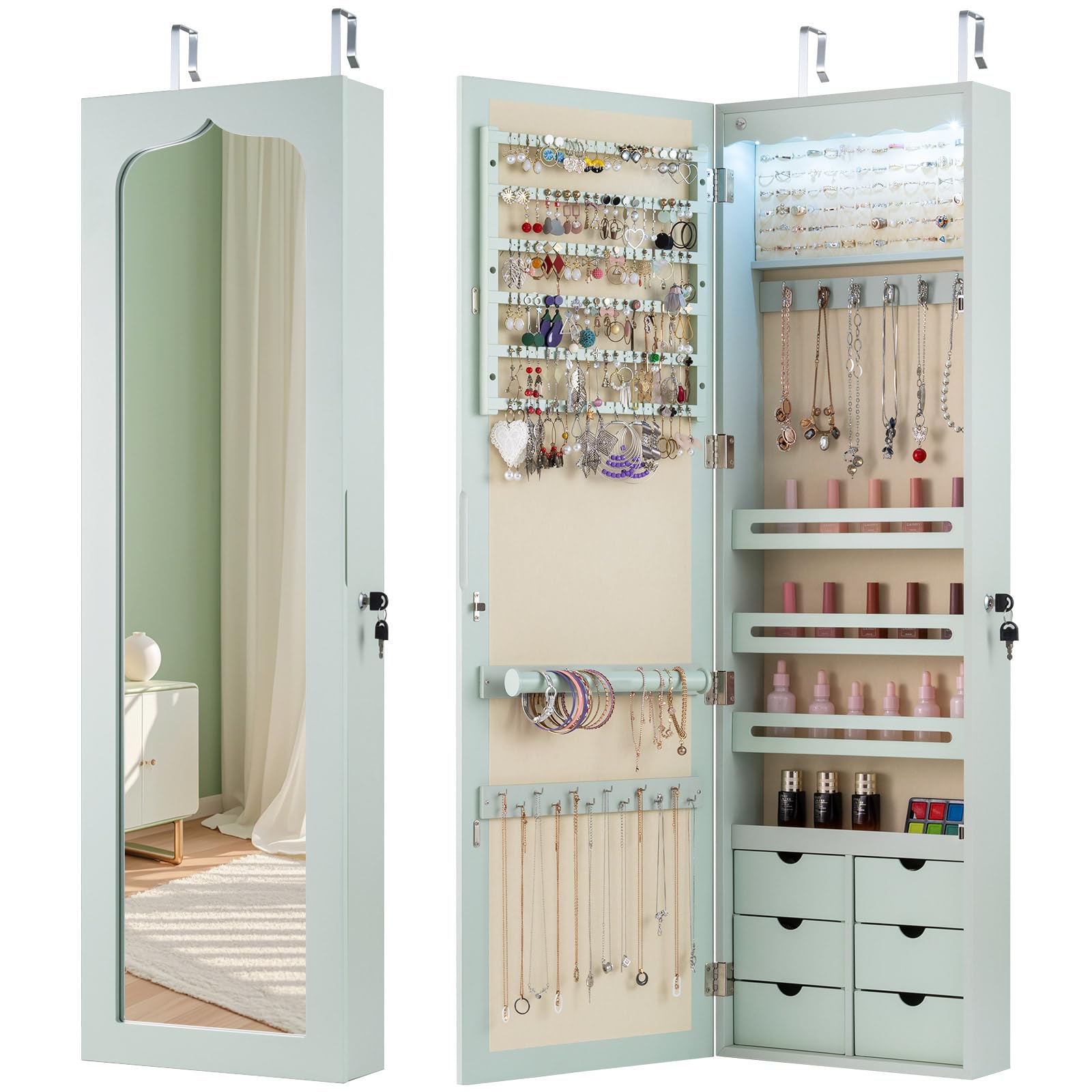 COSTWAY Schmuckschrank mit LED Beleuchtung, 6 Schubladen und Spiegel, Schmuck Sipegelschrank hängend, Hängeschrank für Tür und Wandmontage, abschließbar (Grün)