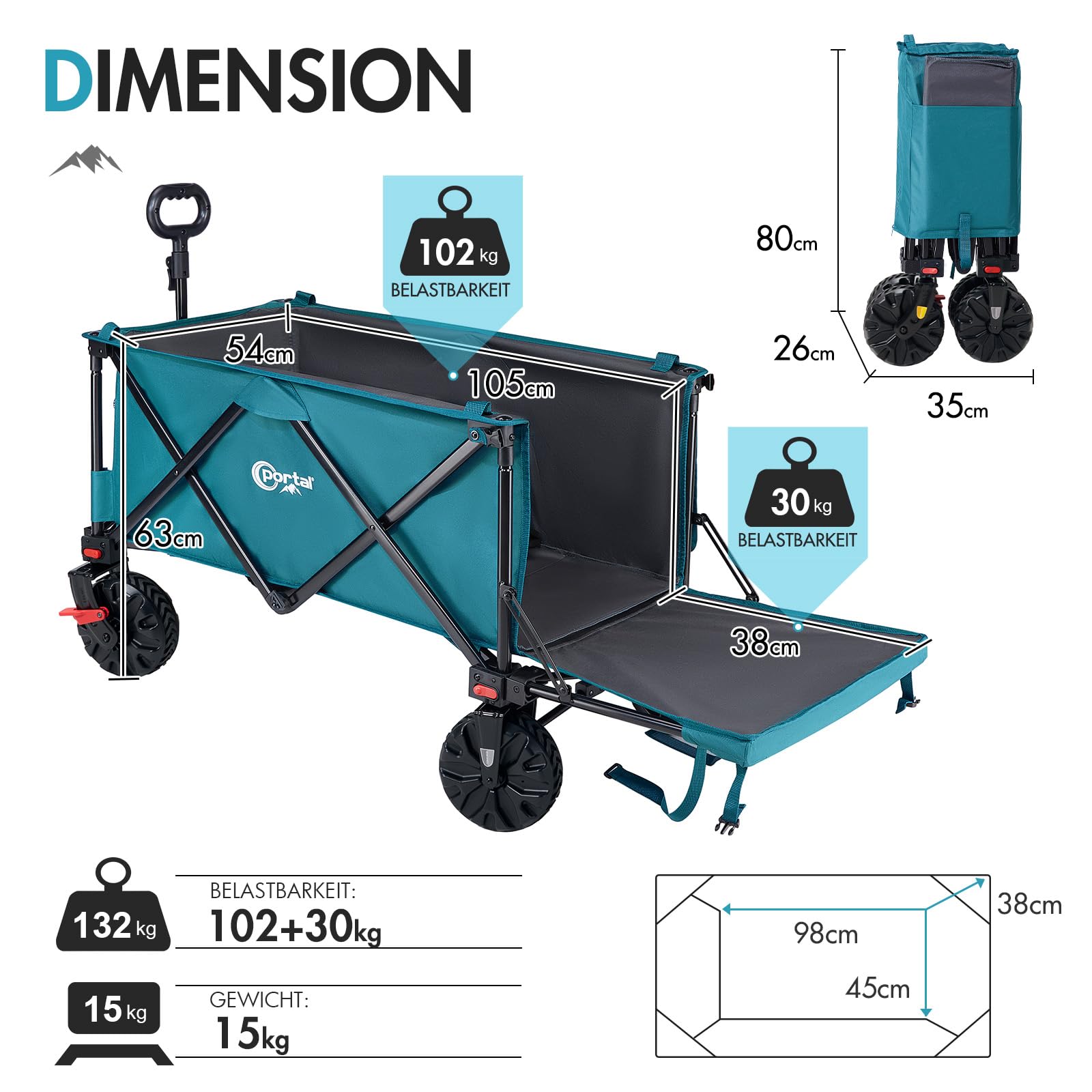 PORTAL Bollerwagen faltbar XXXL 300L größe Reifen 17x10cm mit Bremse Getränkehalter Seitentasche Faltwagen klappbarer Transportwagen für Alle Gelände Camping Strand Einkaufen