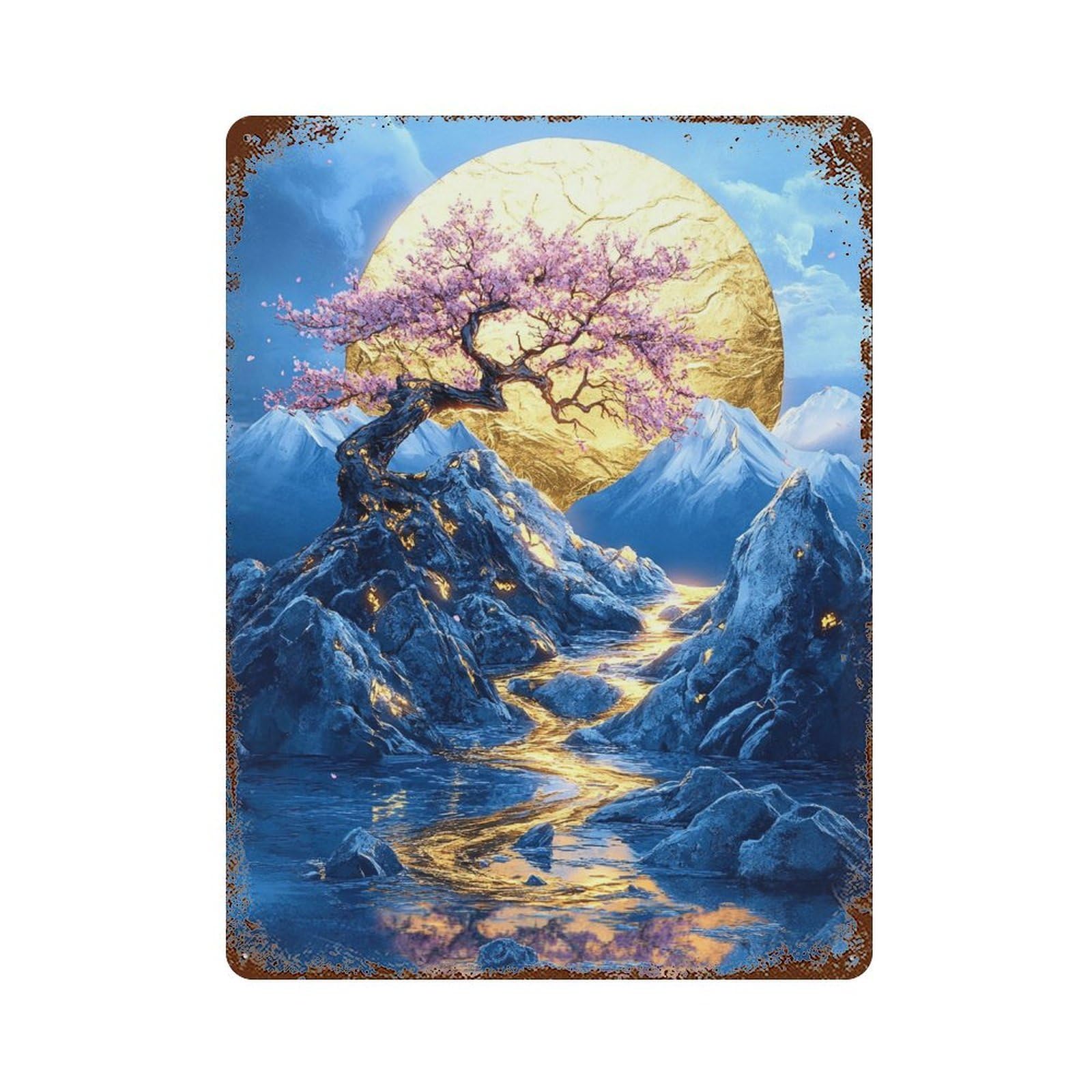 Retro Metal Sign Golden Moonlit Blossom Landscape 15.7"x11.8", Decorative Metal Wall Art for Pub, Kitchen And Man Cave Decor