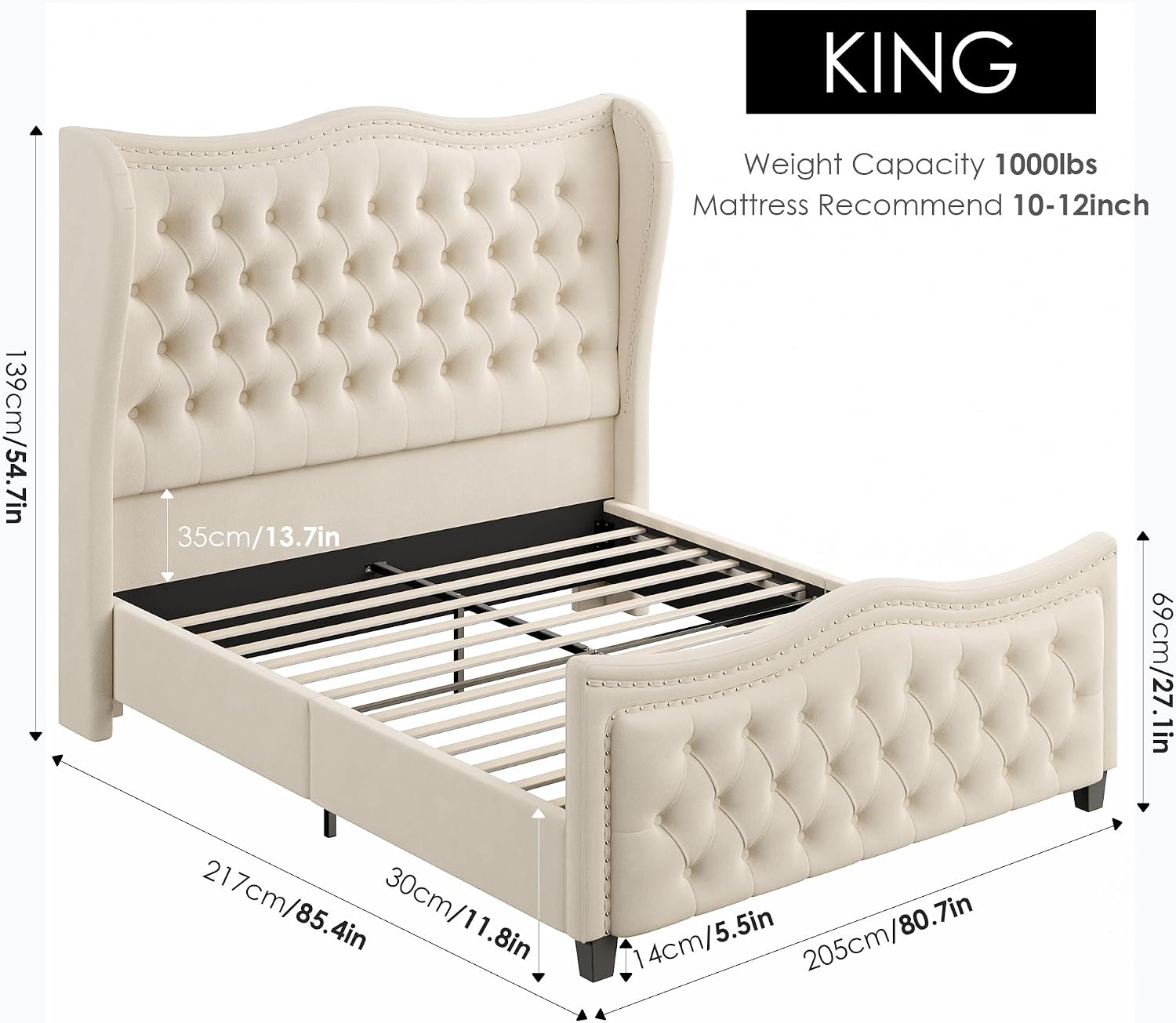 Diagram showing the dimensions of the HOSTACK King Upholstered Platform Bed, including length, width, and headboard height.