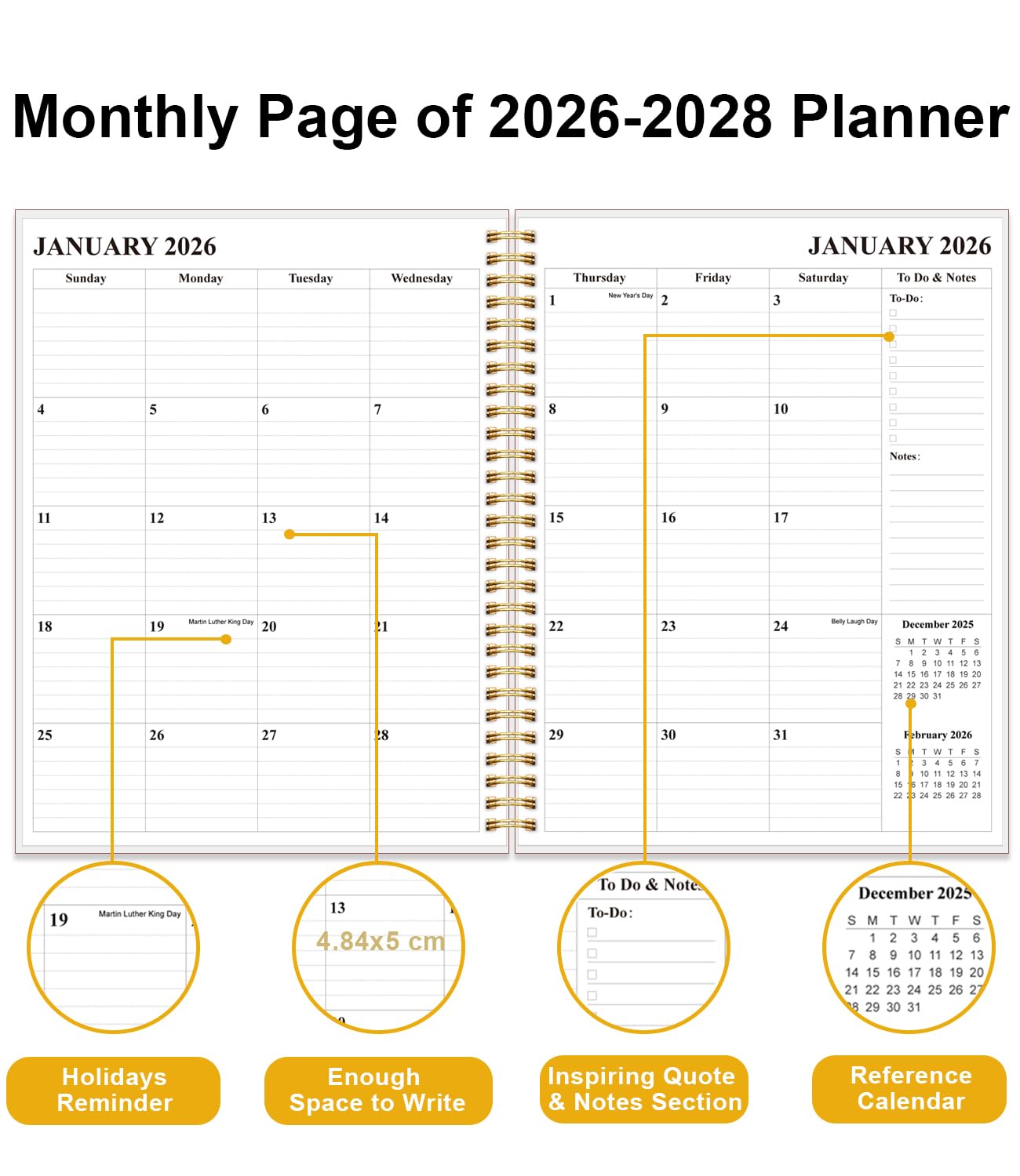 Planer miesięczny na rok 2026-2028, trzyletni kalendarz od stycznia 2026 do grudnia 2028 r., z wiązaniem spiralnym, kieszenią wewnętrzną, elastycznym zamknięciem, planer 36-miesięczny do domu, szkoły