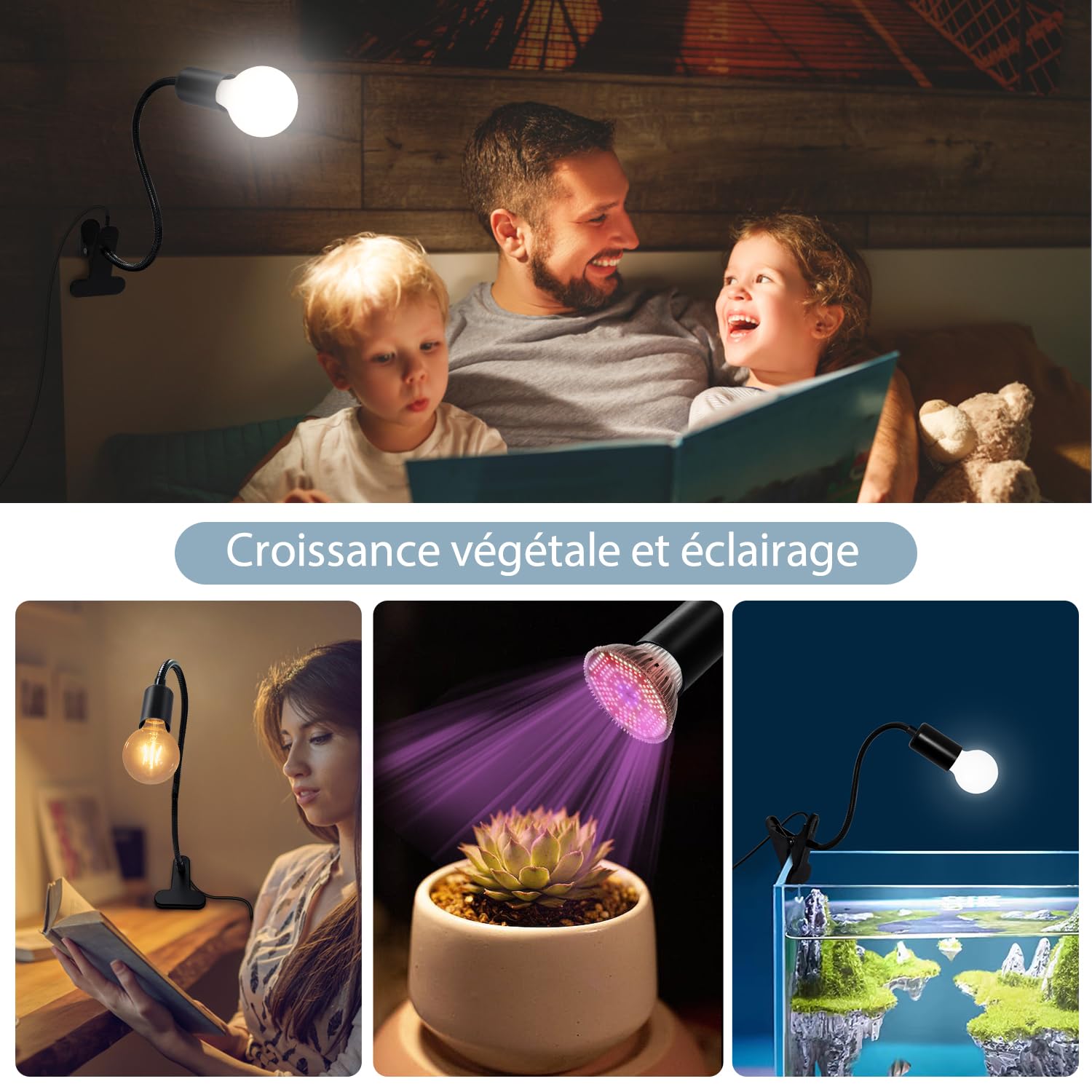Lampe à Pince E27, 240CM Cable, 35CM Longueur 360°Flexible Col de Cygne, Douille E27, Lampes de Chevet avec Interrupteur