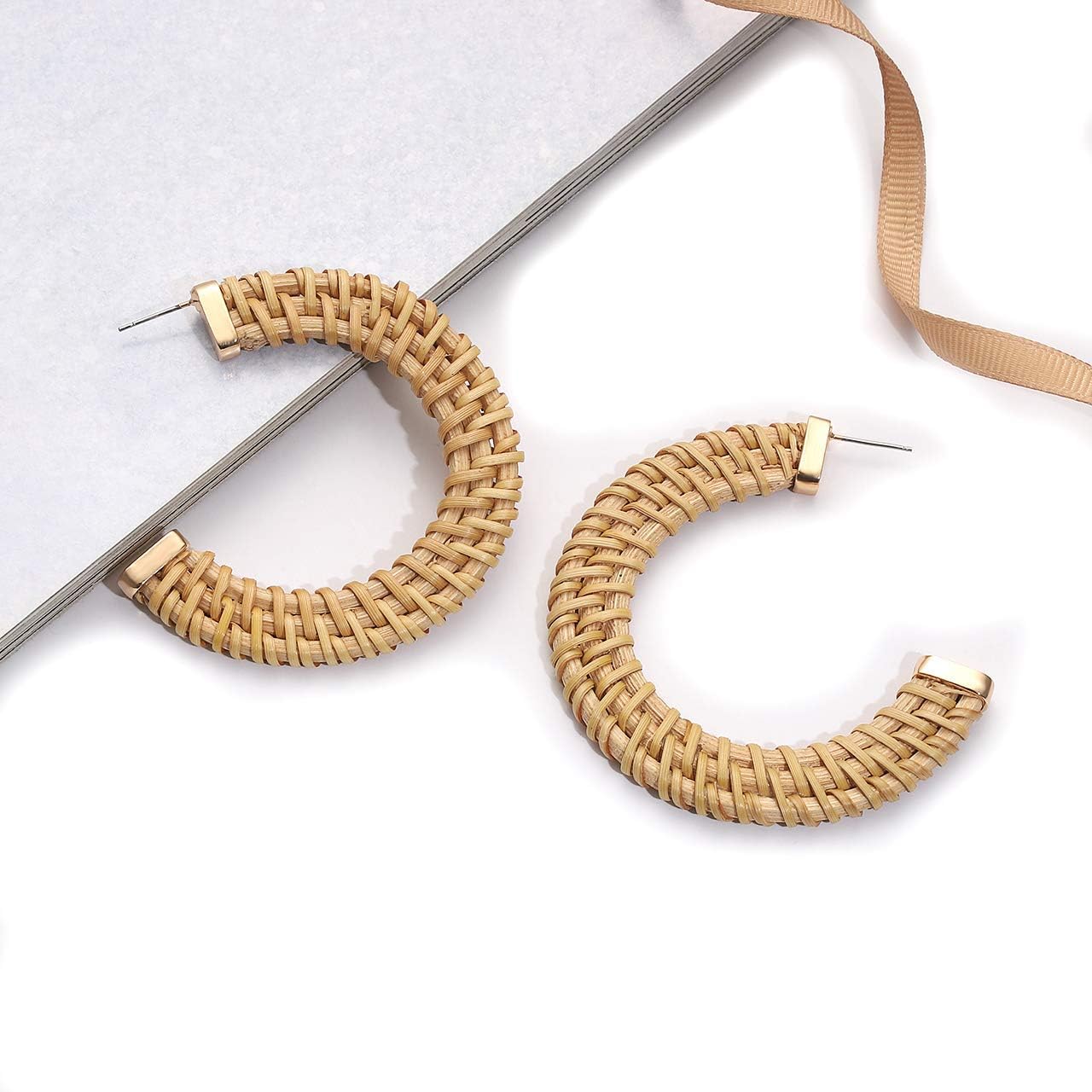 Rattan Earrings for Women Handmade Straw Wicker Braid Drop Dangle Earrings Lightweight Geometric Statement Earrings (D Hoop)