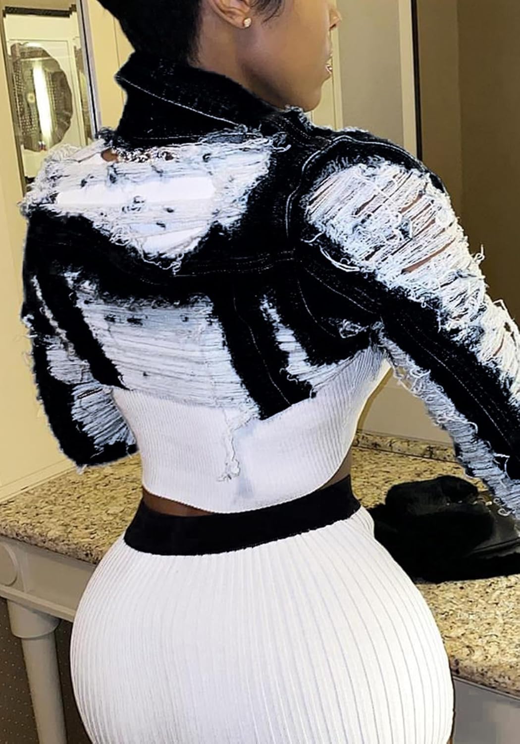 Tbahhir Women's Ripped Denim Jackets Cropped Button Down Long Sleeve Jean Jacket Top Coat with Raw Hem Distressed - Image 3