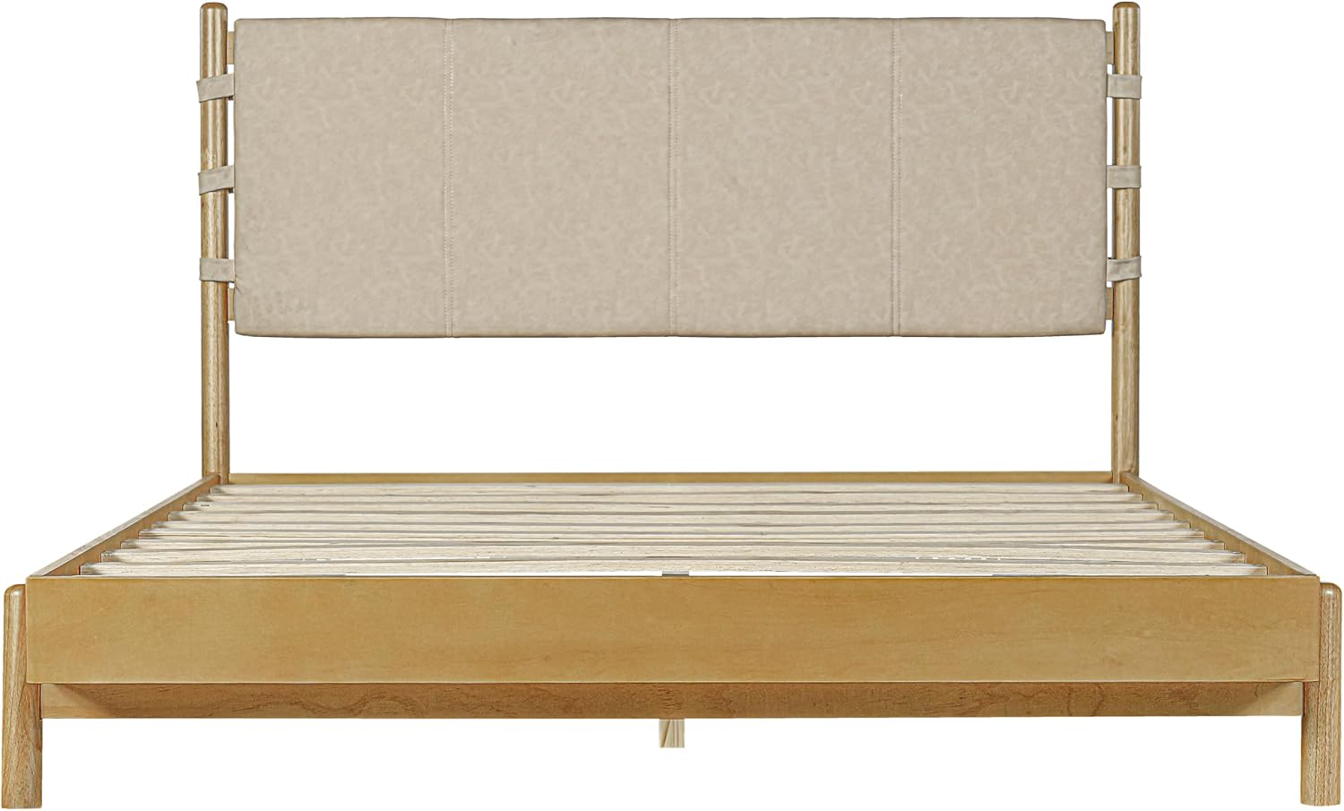 Christopher Knight Home Roach Mid Century Modern Rubber Wood Queen Bed Frame with Headboard, Upholstered Platform Bed Frame Queen Size, Easy Assembly, No Box Spring Needed, Beige + Brown