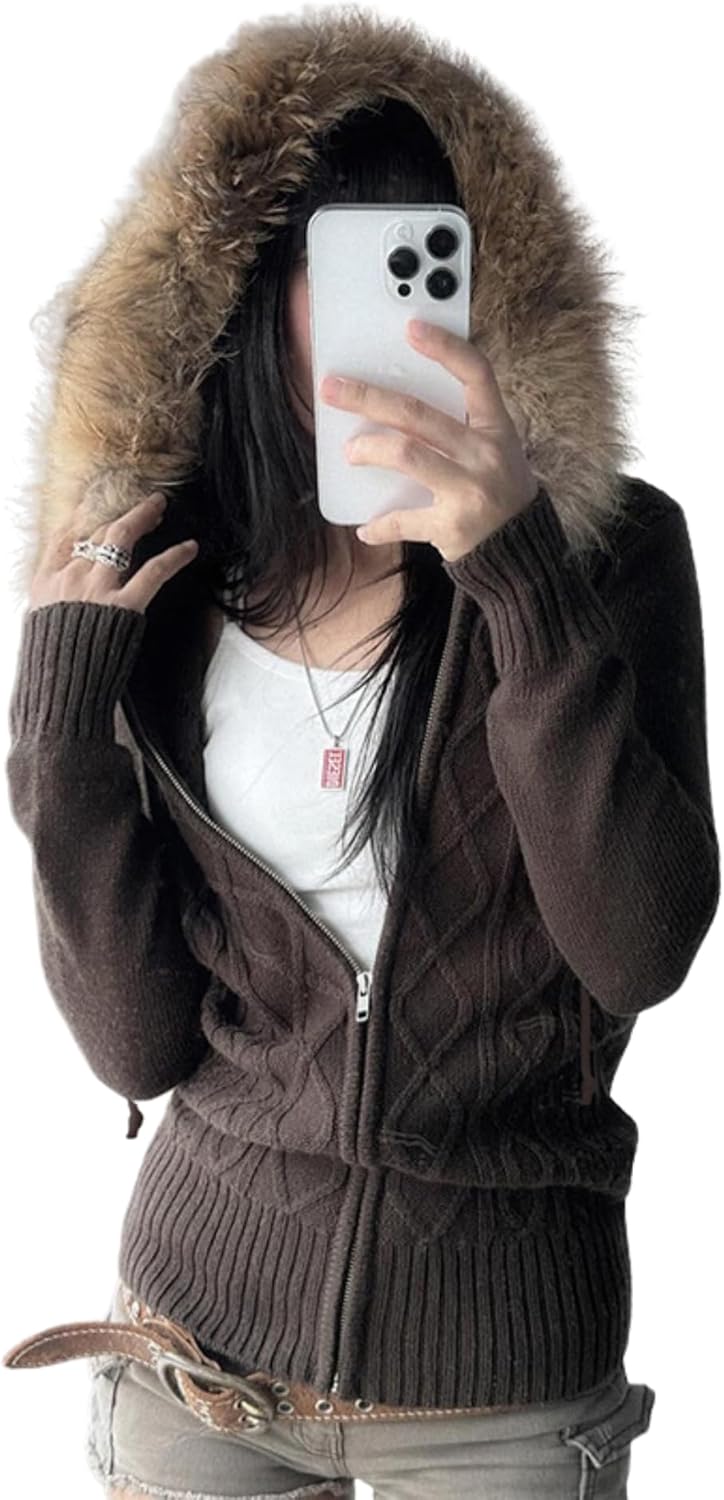 CORIRESHA Women's Vintage Faux Fur Trim Hoodie Sweater Zip Up Cable Knit Slim Y2k Cardigan