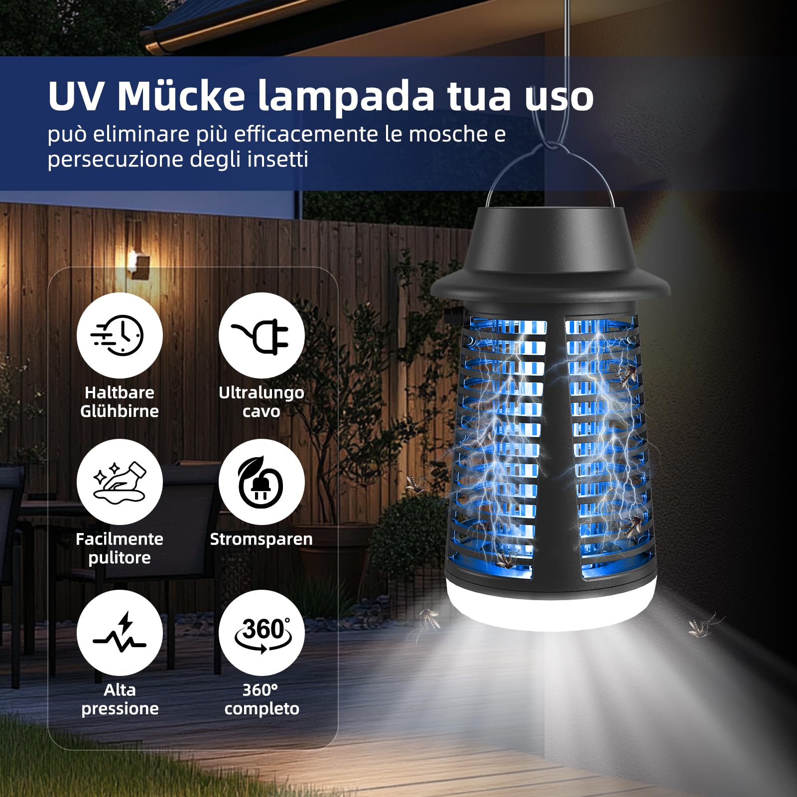 Lampada Antizanzare, Tecnologia a Scarica Elettrica 4250V AntiZanzare con Tenuta IPX4, Protezione con Luce UV 20W e Illuminazione a LED, Azione Repellente Zanzare per Interni/Esterni