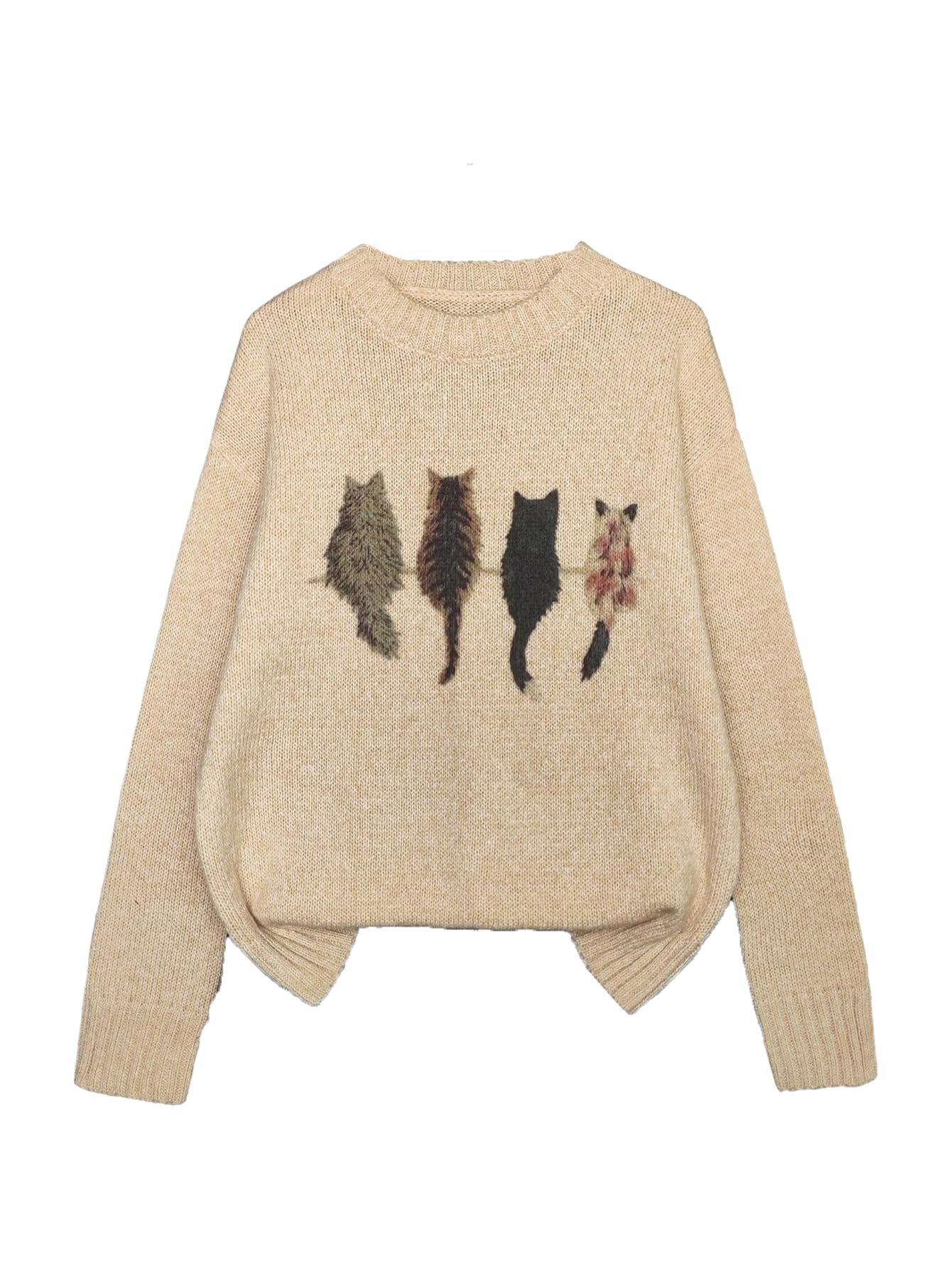 Floerns Womens Graphic Sweater Cat Print Crew Neck Long Sleeve Knitted Casual Fall Pullover Tops