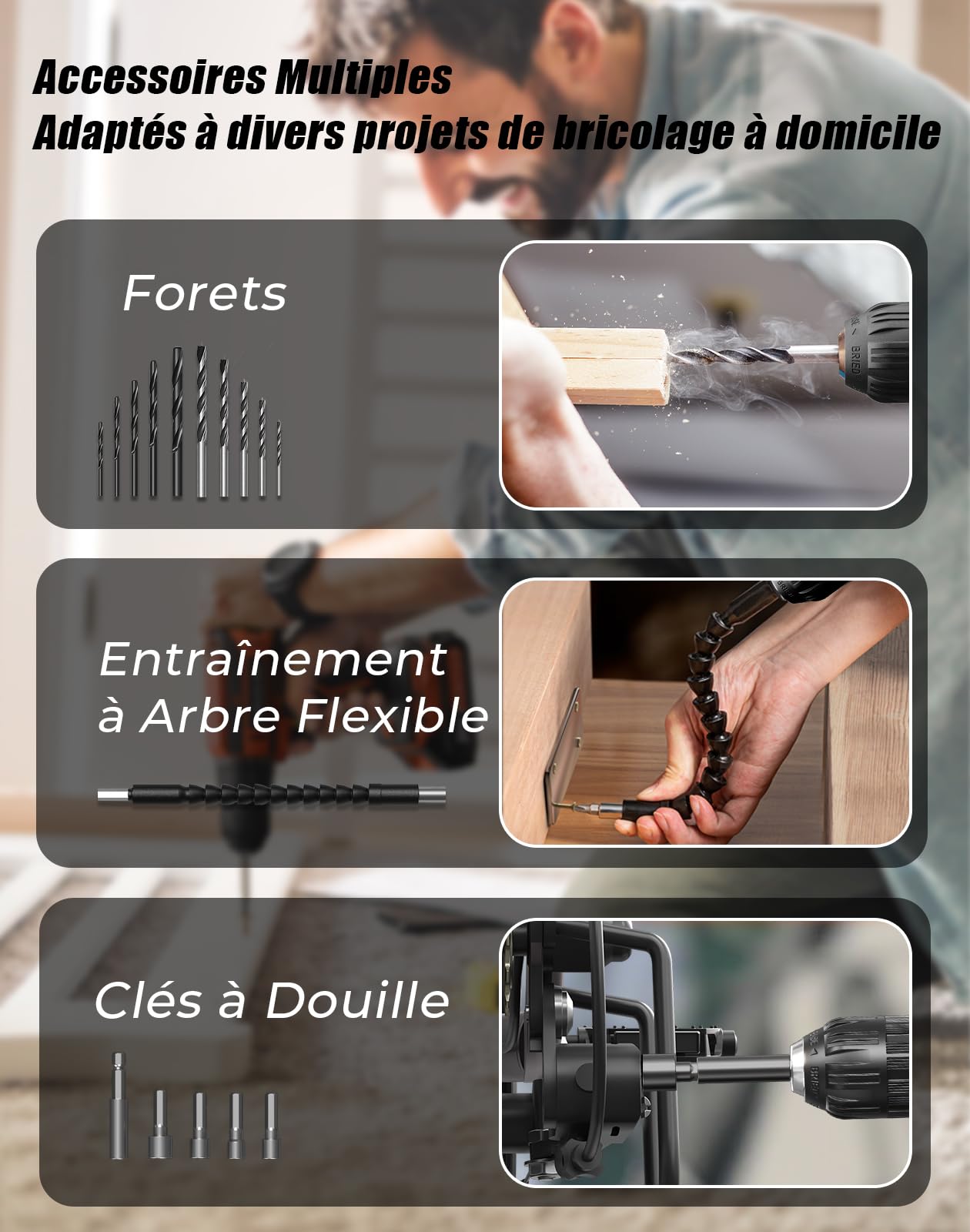 Perceuse Visseuse Sans Fil, 20V Visseuse Devisseuse Sans Fil, 25+1 Réglages de Couple, Perceuse-visseuse Max 42Nm Visseuse, LED, jeu de 56 Accessoires pour l'Entretien et le Bricolage, Gris