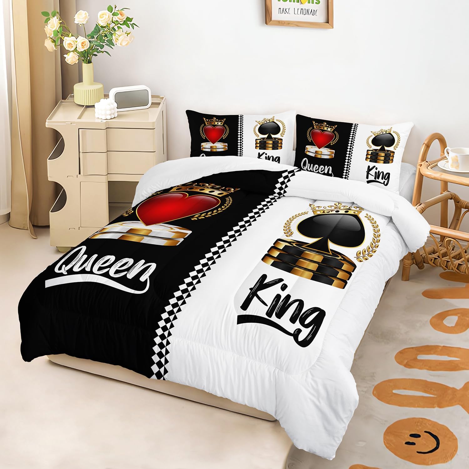 AILONEN Queen and King Couple Comforter Set Queen Size,3-Piece Black and White Crown Bedding Set for Room,Romantic Soft Microfiber Comforter with 2 Pillowcases
