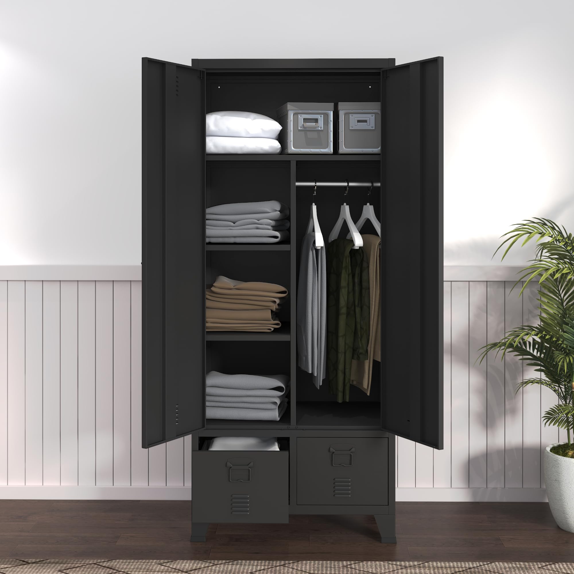 [en.casa] Armario Ropero Hankasalmi Armario Dormitorio Guardaropa 2 Puertas con Ranuras de Ventilación Perchero 4 Compartimentos Estantes Regulables 2 Cajones Acero 180 x 90 x 40 cm - Negro