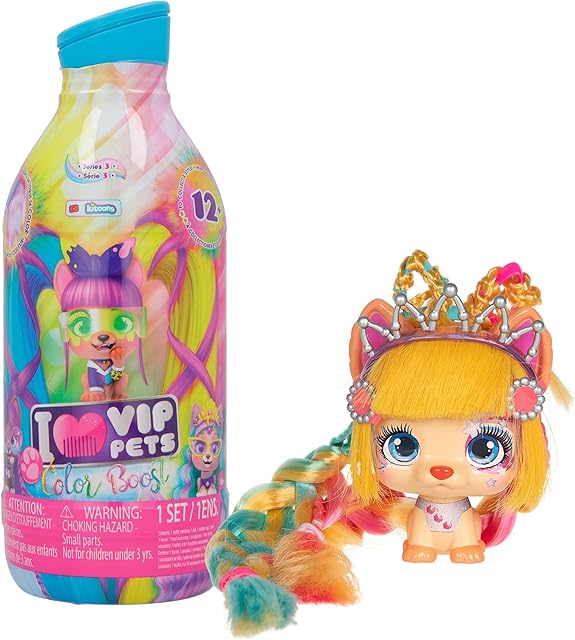 VIP Pets Color Boost | Surprise collectible puppy doll with long hair to style (30 cm) + Accesories & Chalk hair dye - Gift toy for kids +3 Years