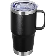 20 oz Stainless Steel Tumbler with Handle Metal Insulated Coffee Travel Mug with Handle Double Wall Tumbler Cup with Lid and Straw, Black 1 Pack