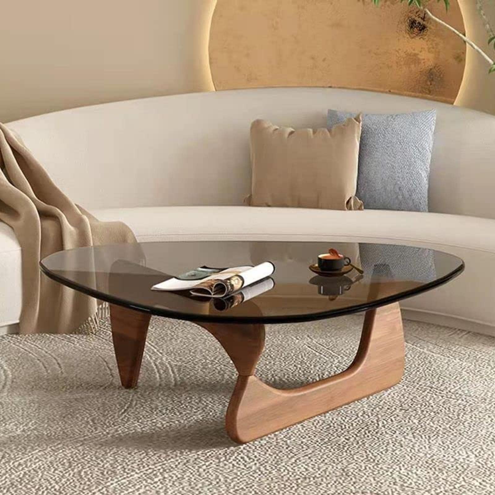 QQXX Vintage Glass End Table Coffee Table,Modern ontemporary Abstract Wooden Base and Triangle Clear Glass Top End Table，Irregular Glass Top Coffee Table for Table Side End Table Living Room Easy