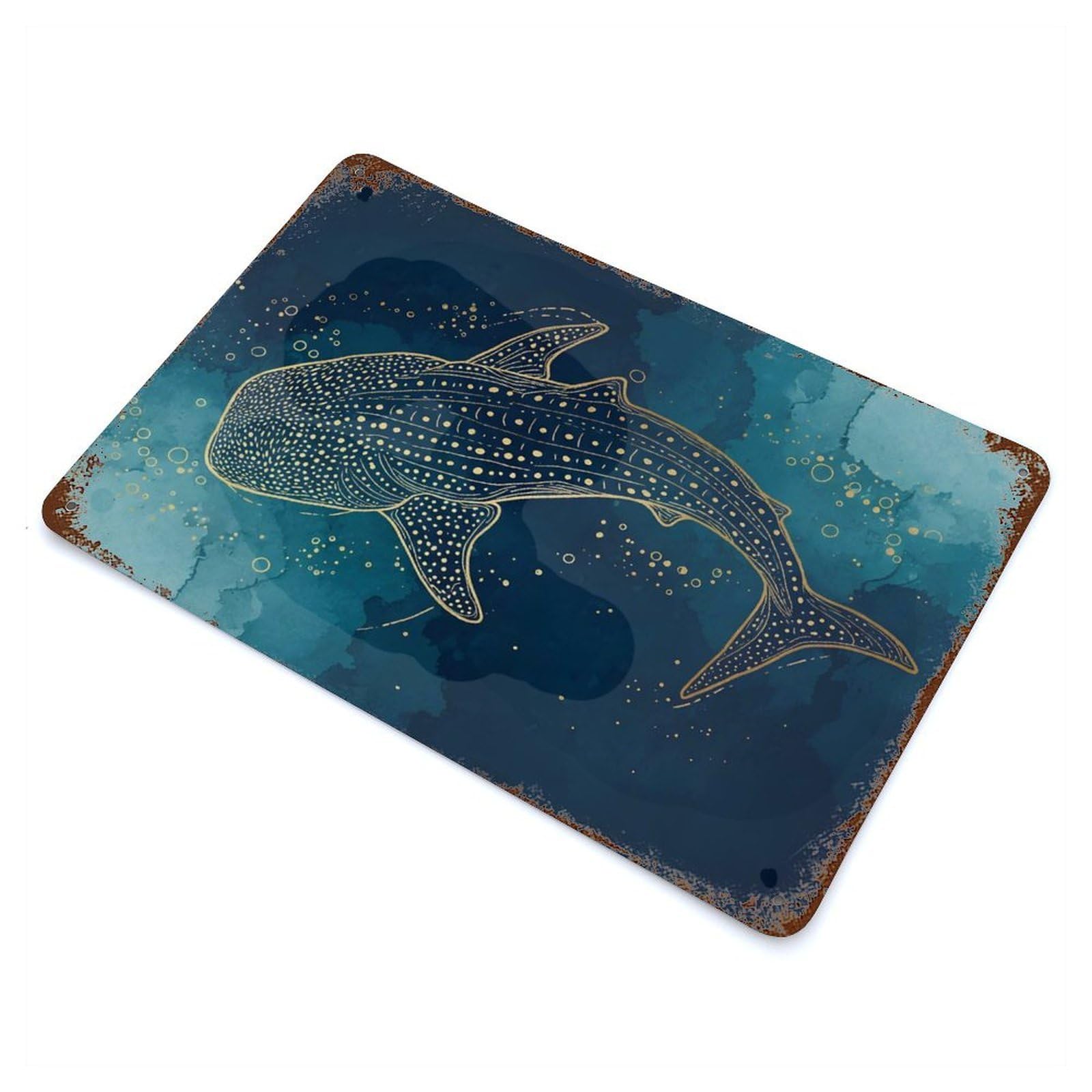 Whale Shark Gold Line Art Decorative Tin Sign 11.8"x7.9", Retro Wall Decor for Living Room, Hallway And Home Decor