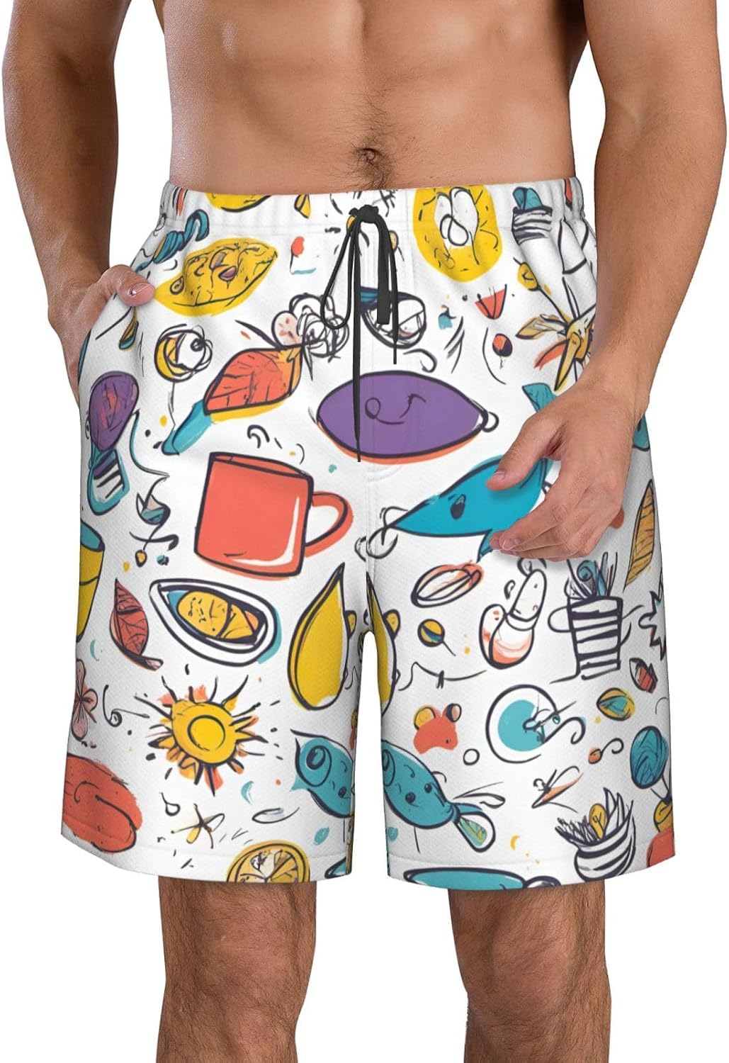 Colorful Hand Drawn Feathers On White Print Men's Quick-Drying Shorts Casual Beach Pants Stretch Waist Shorts and Pockets