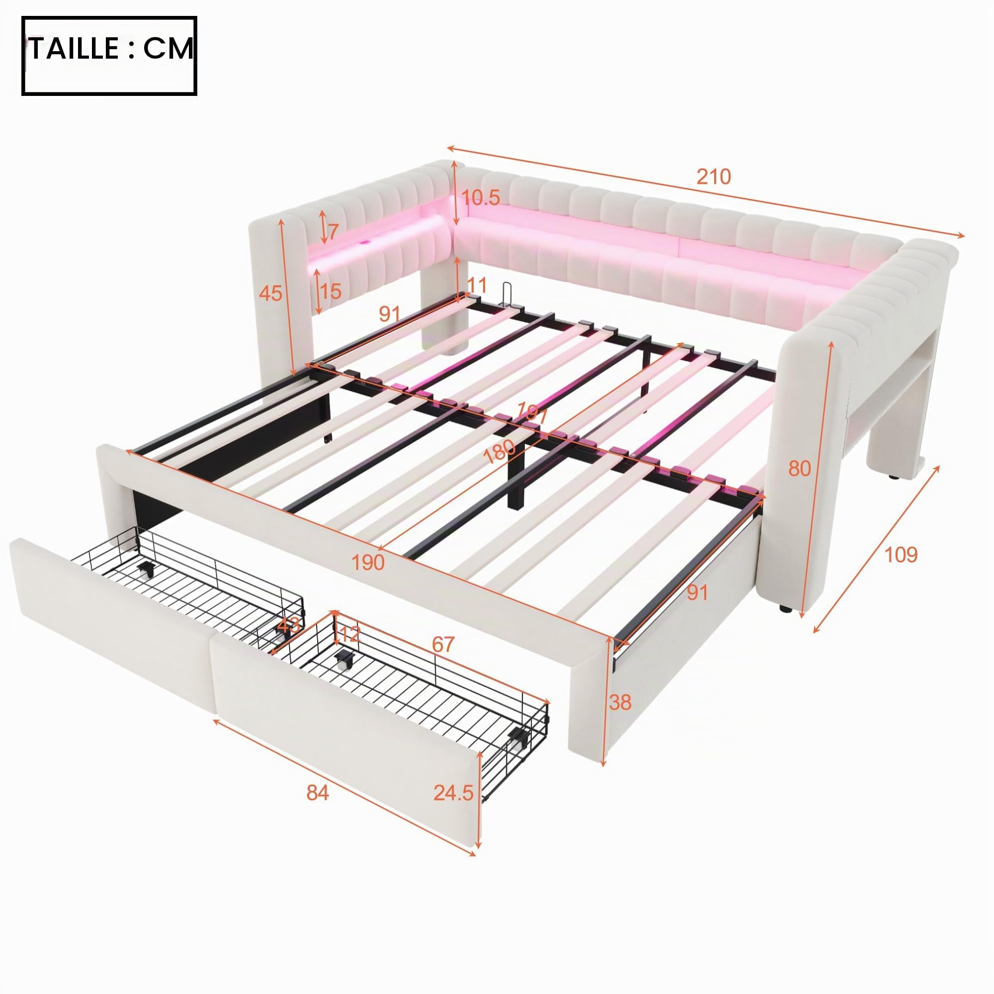 Sapgaks Canapé lit capitonné 90/180x190 cm avec lit gigogne,tiroirs, rangements intégrés,LED,USB et Type-C,Cadre de lit 1/2 Personnes avec sommier à Lattes,Velours,Beige