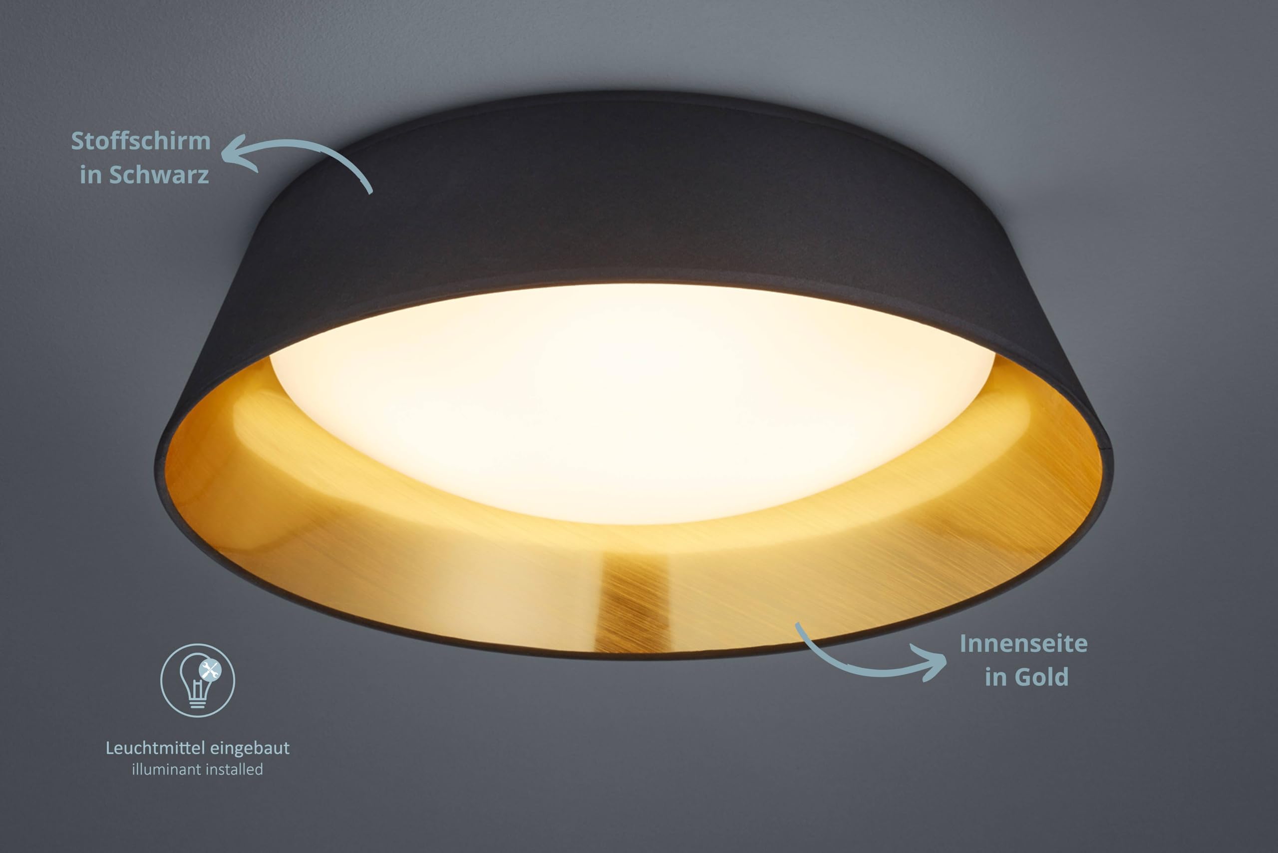 modern Deckenleuchte Micha, Stoffschirm schwarz/Innenseite gold, 14W LED Leuchtmittel inklusive, ø 35.5/45 cm, Höhe 12 cm