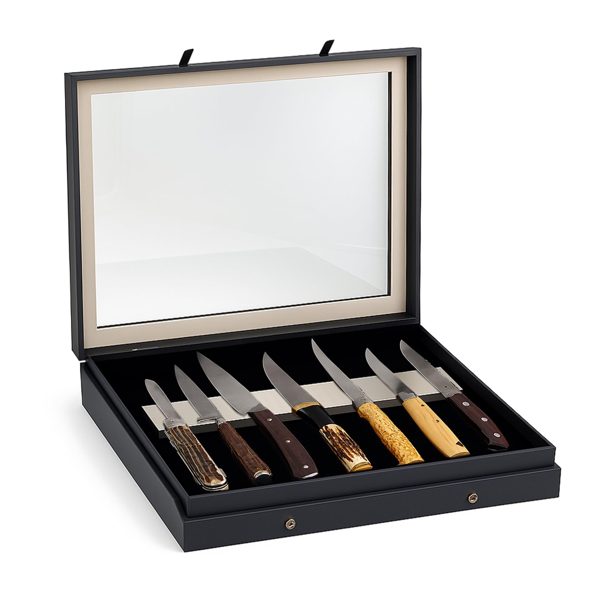 SAFE 5269 Vitrine Couteaux Black Edition – Cadre d’Exposition avec Couvercle Verre & Bande Magnétique – pour Lames Jusqu’à 290 mm – 400 x 300 x 55 mm – Fixation Murale Possible