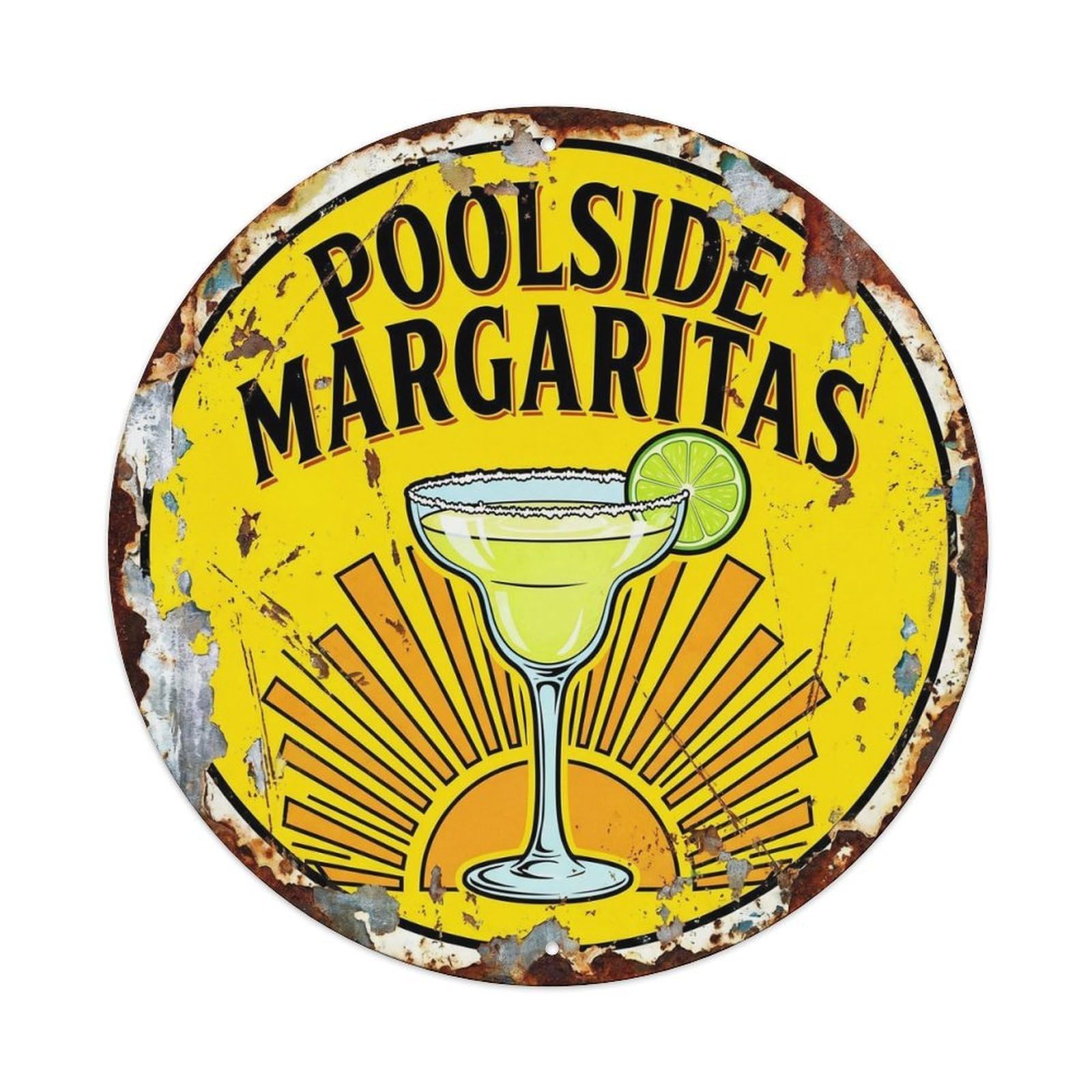 Poolside Citrus Cocktail Vintage Lounge Tropical Summer Metal Tin Sign Plaque Wall Decor for Cafe, Man Cave, Club Bar, Office, Home Garden Round Metal Poster 8x8Inch