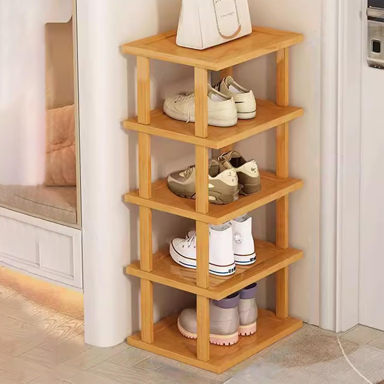 Slim Bamboo Shoe Rack, Tall Stackable Shoe, Space-Saving Entryway Storage, Compact Corner Shoe Shelf, Easy Assembly for Small Spaces