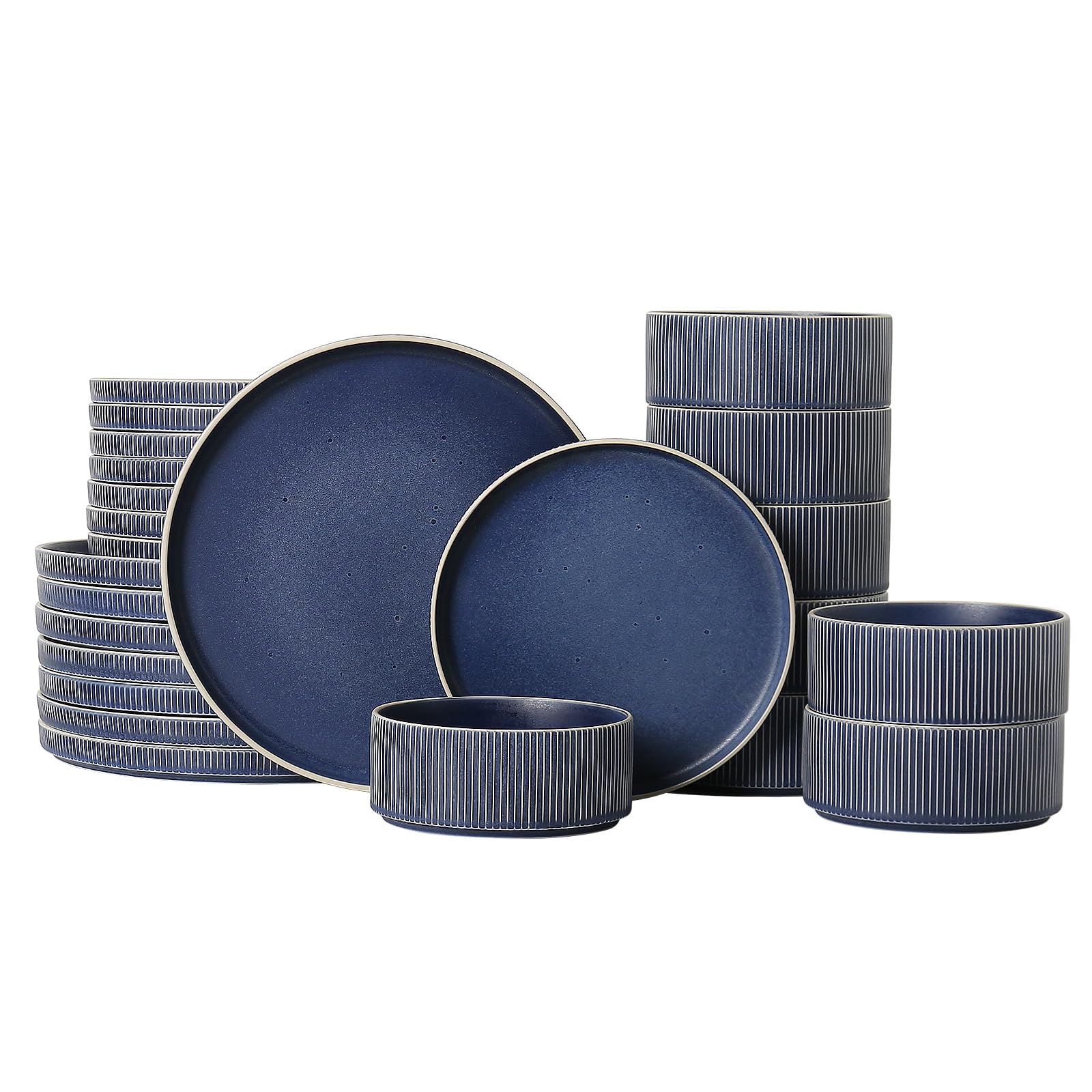 Stoneware Dinnerware Sets for 8, 24Pcs Plates and Bowls Set, Matte Blue