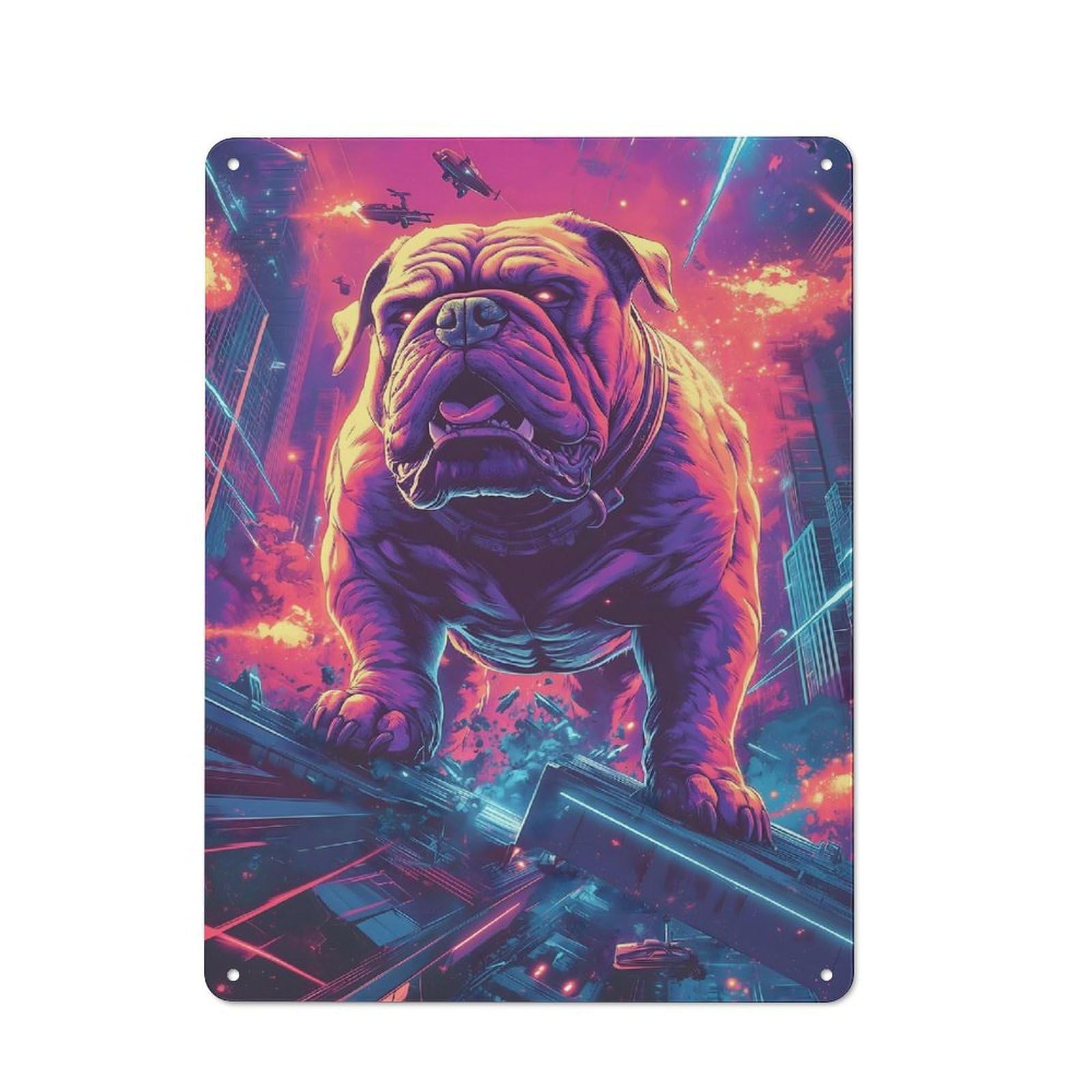 Understated Cyberpunk Bulldog in Futuristic Cityscape Japan Metal Wall Plaque 40x30cm, Creative Space Decor for Office, Study, Studio Or Hallway