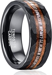 8mm Tungsten Ring for Men, Black Inlaid Whisky Barrel Wood Antler Hammered Tungsten Wedding Bands Customize Engraved Ring Fit Men Women Size 7-12